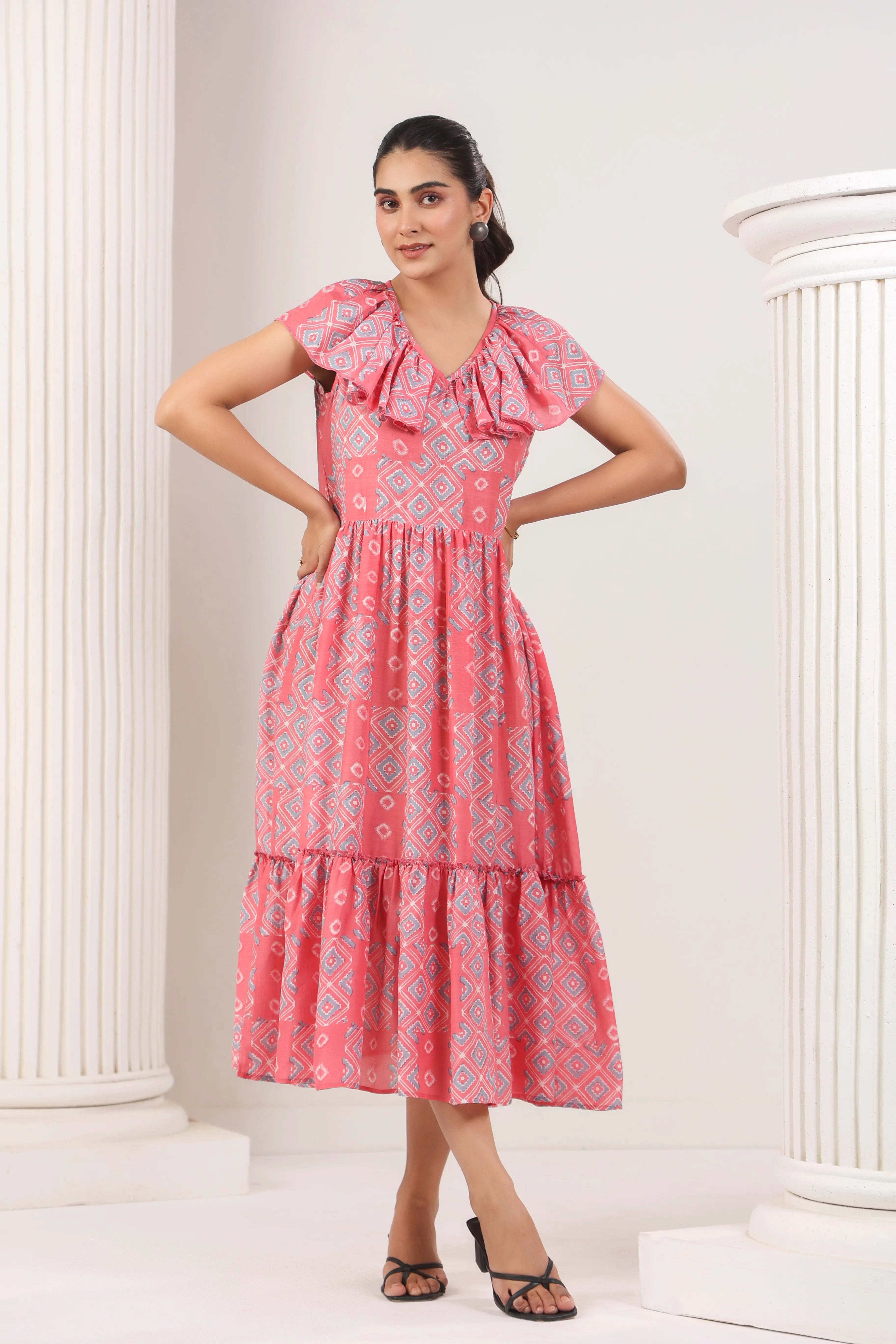 Hot Pink & Grey Printed Dress - Visramaa
