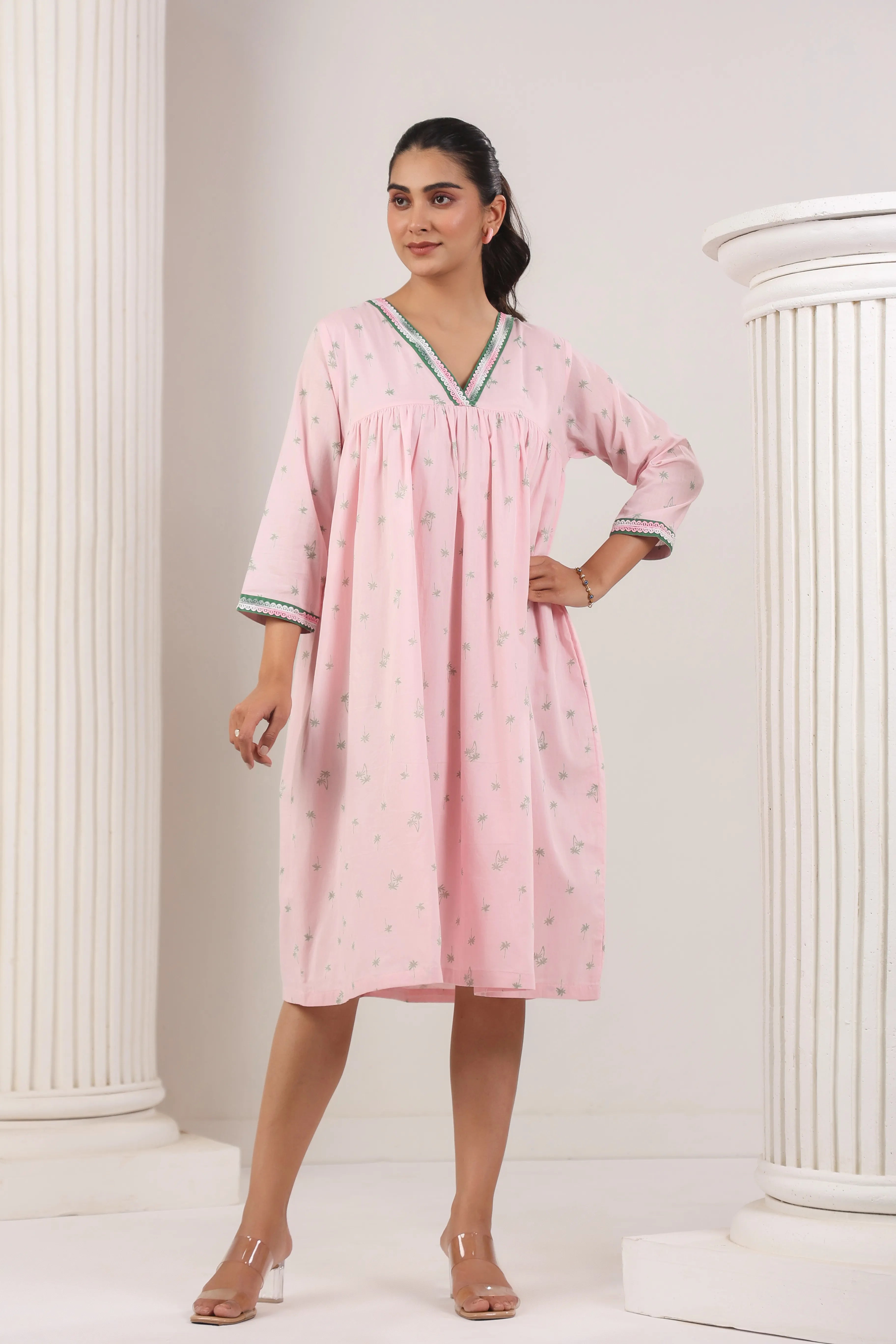 Baby Pink With Palm Printed Maternity Dress - Visramaa