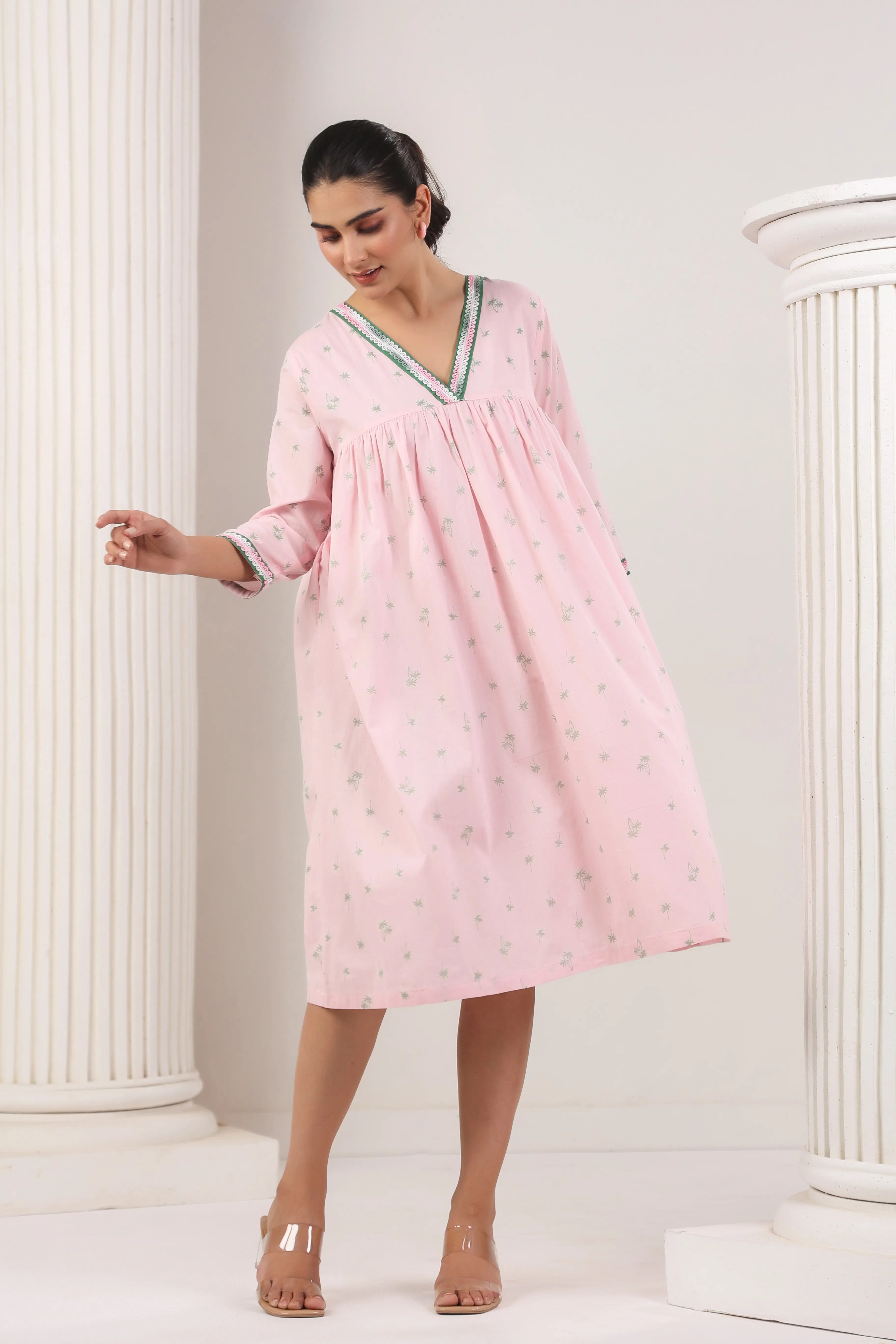 Baby Pink With Palm Printed Maternity Dress - Visramaa