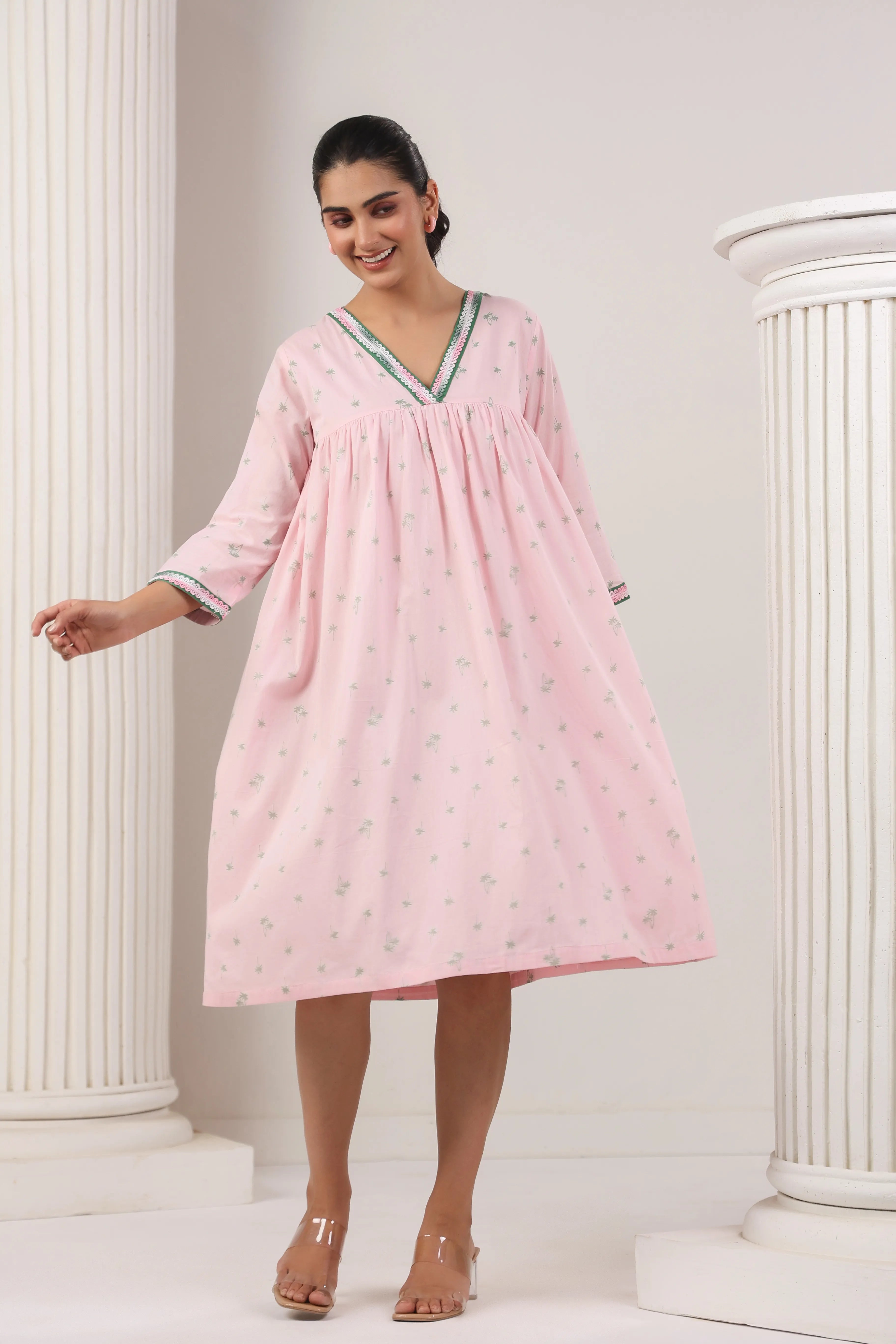 Baby Pink With Palm Printed Maternity Dress - Visramaa