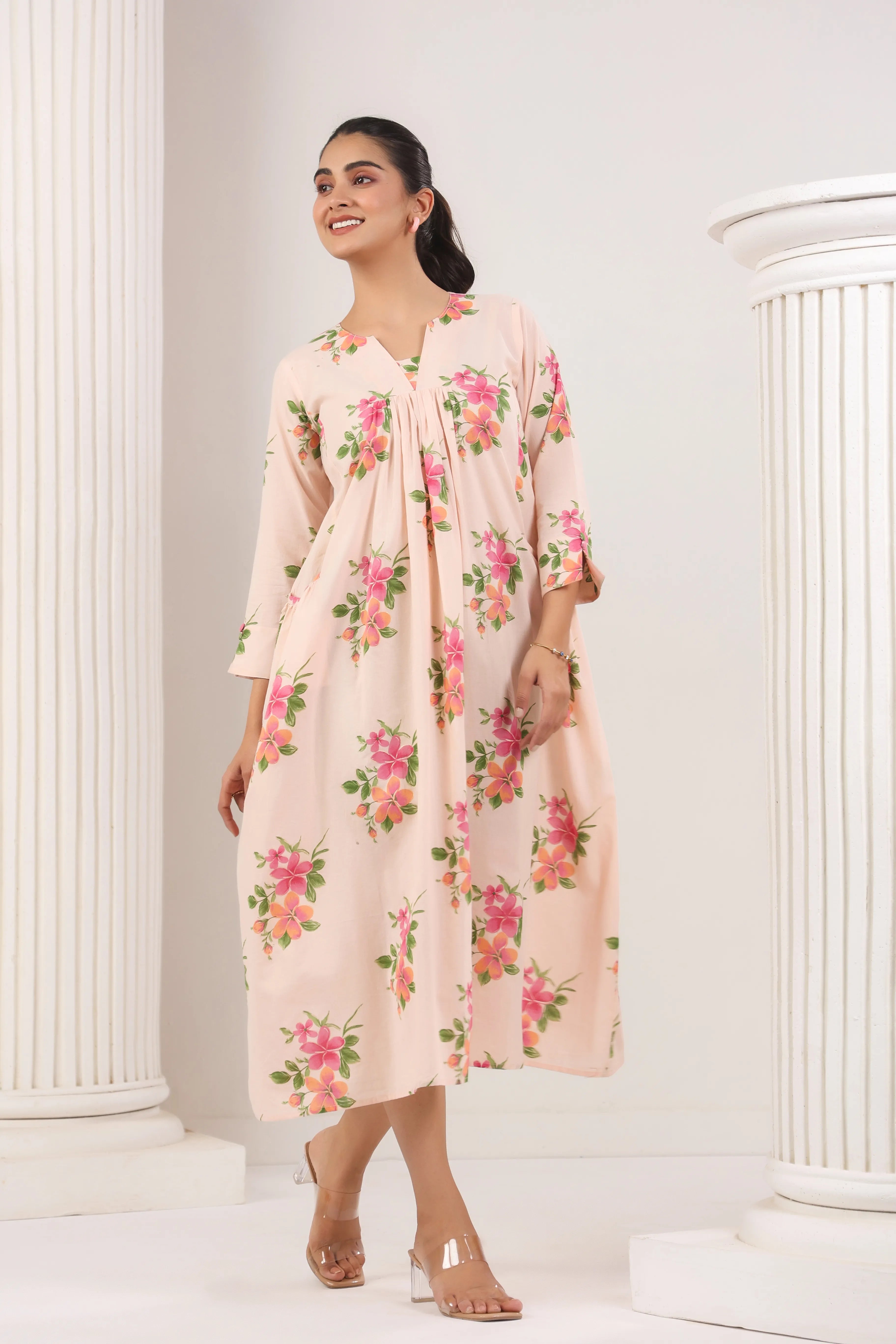 Light Pink Floral Print Dress - Visramaa