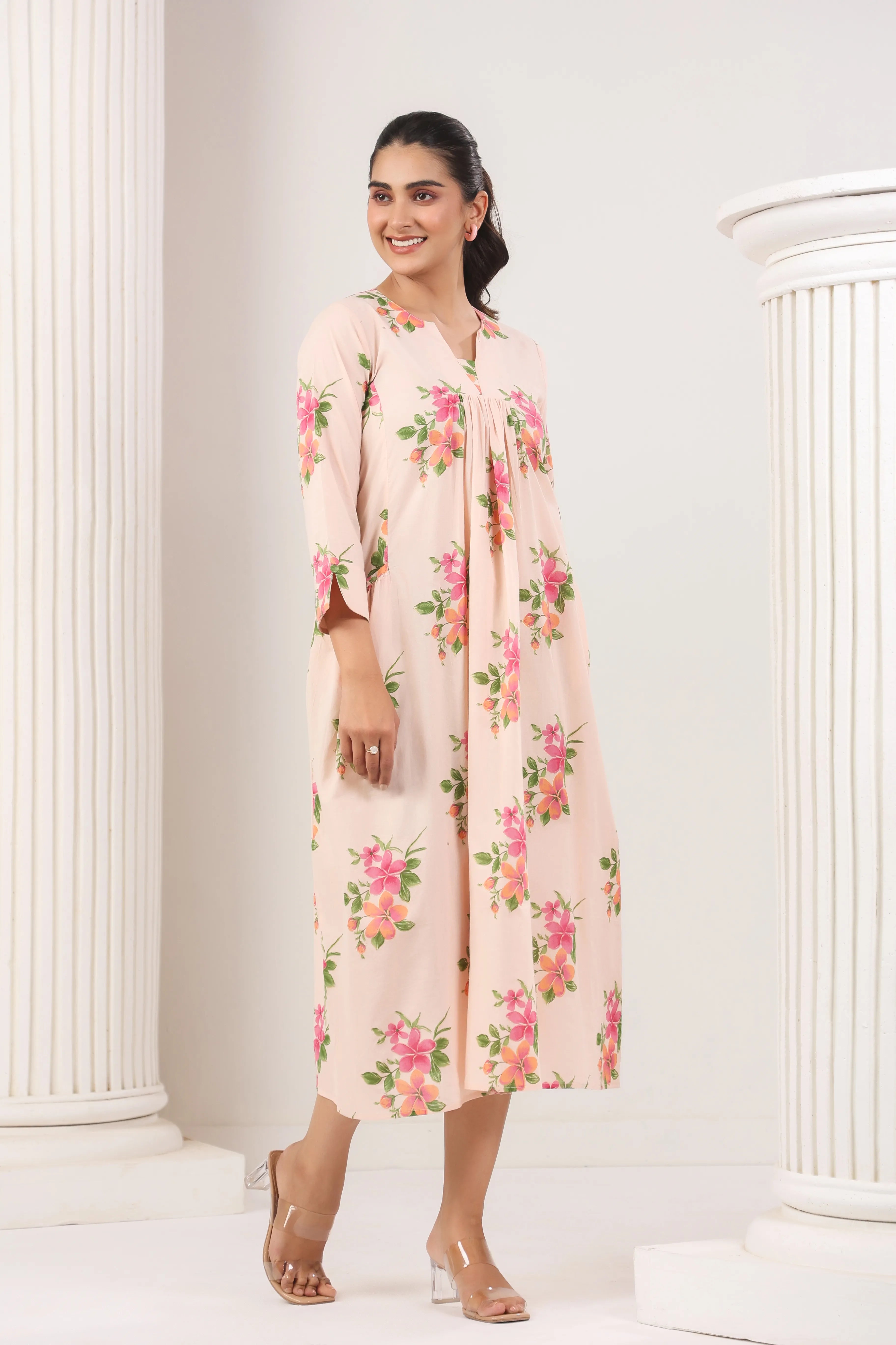 Light Pink Floral Print Dress - Visramaa