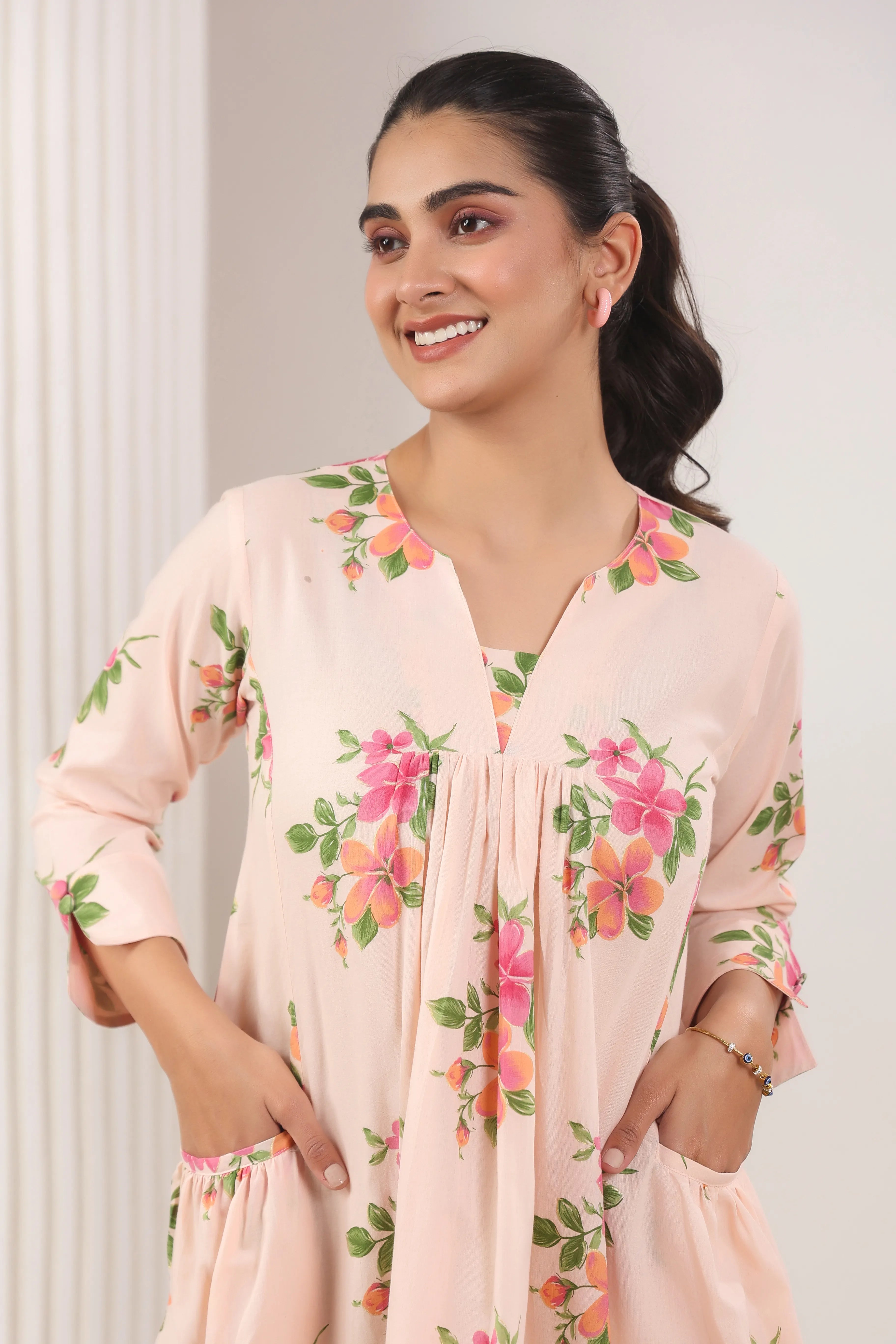 Light Pink Floral Print Dress - Visramaa