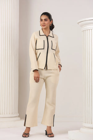 Beige Matty Fabric Contrast Co-Ord Set - Visramaa