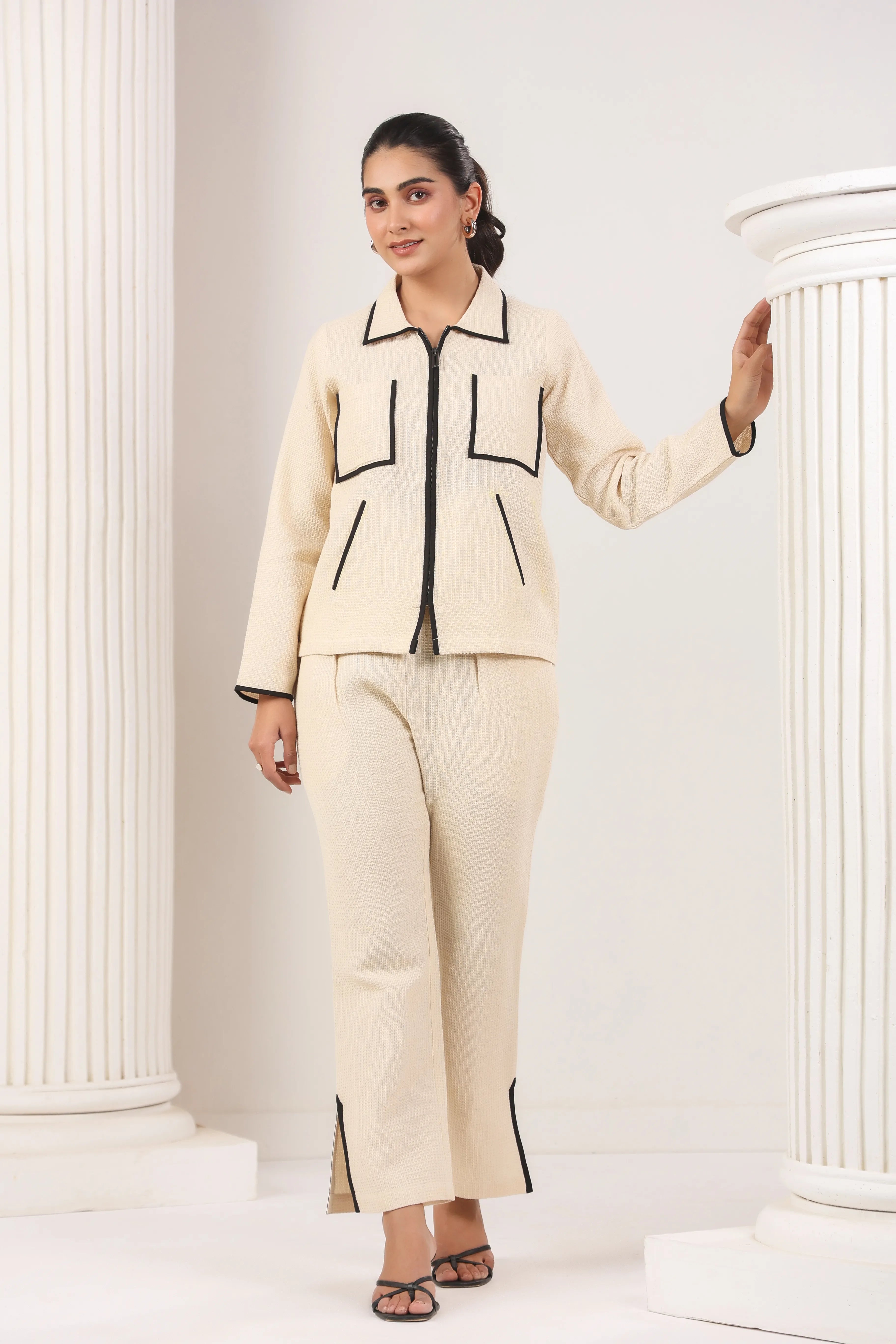 Beige Matty Fabric Contrast Co-Ord Set - Visramaa