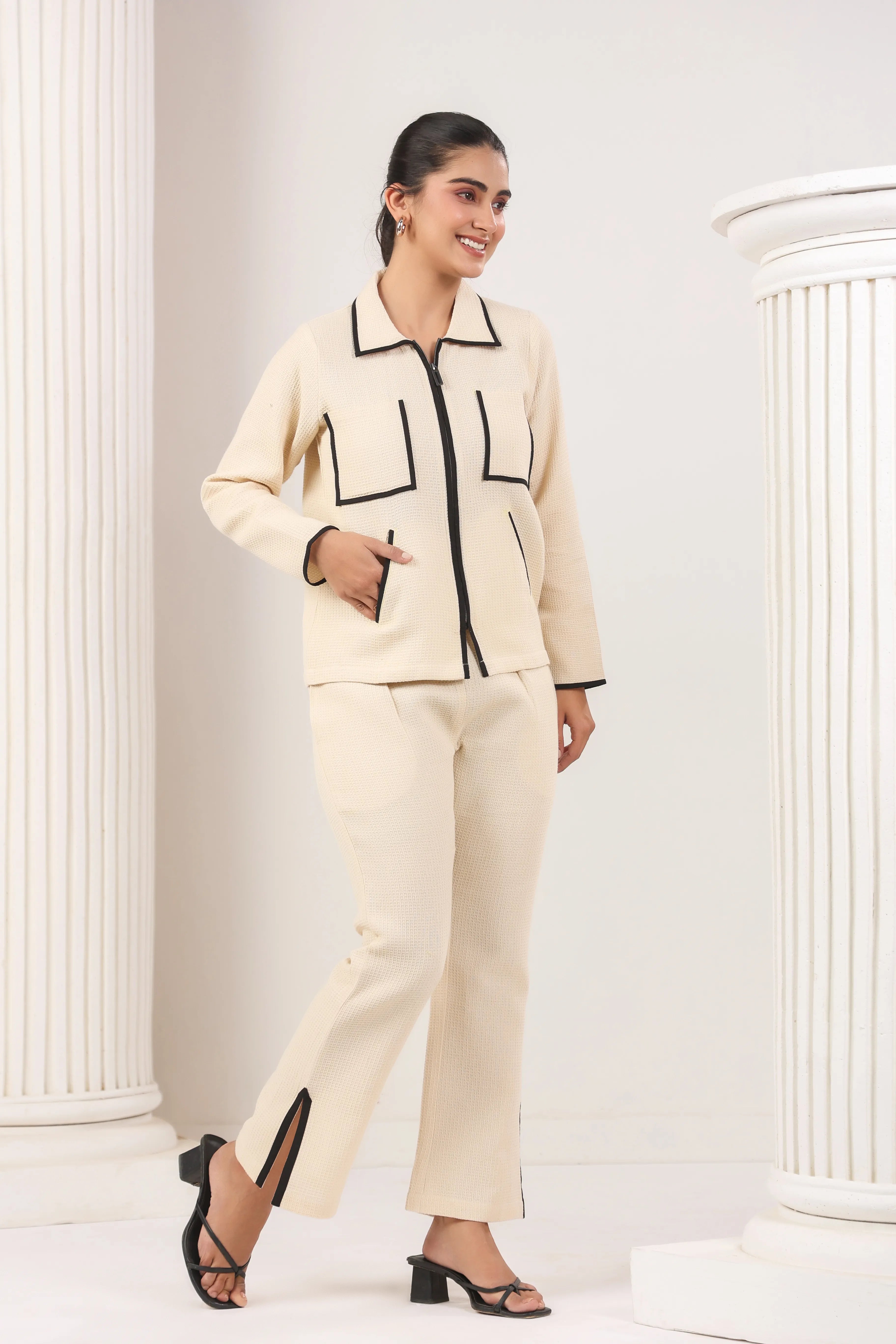 Beige Matty Fabric Contrast Co-Ord Set - Visramaa