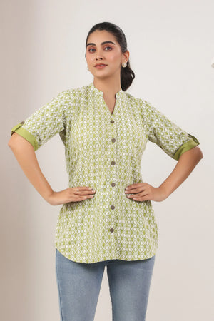 Sage Green Lakhnari Fitted Shirt - Visramaa