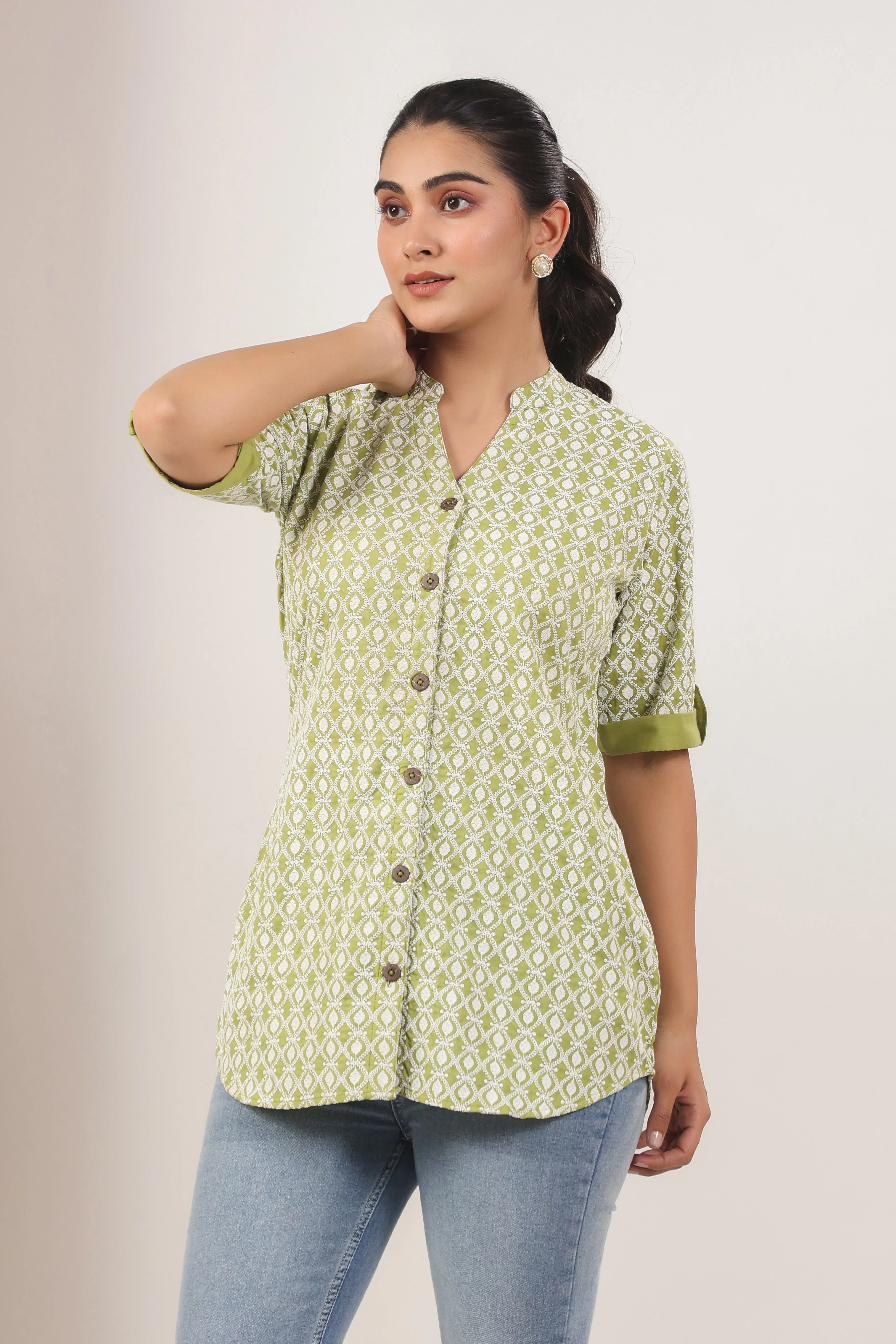 Sage Green Lakhnari Fitted Shirt - Visramaa