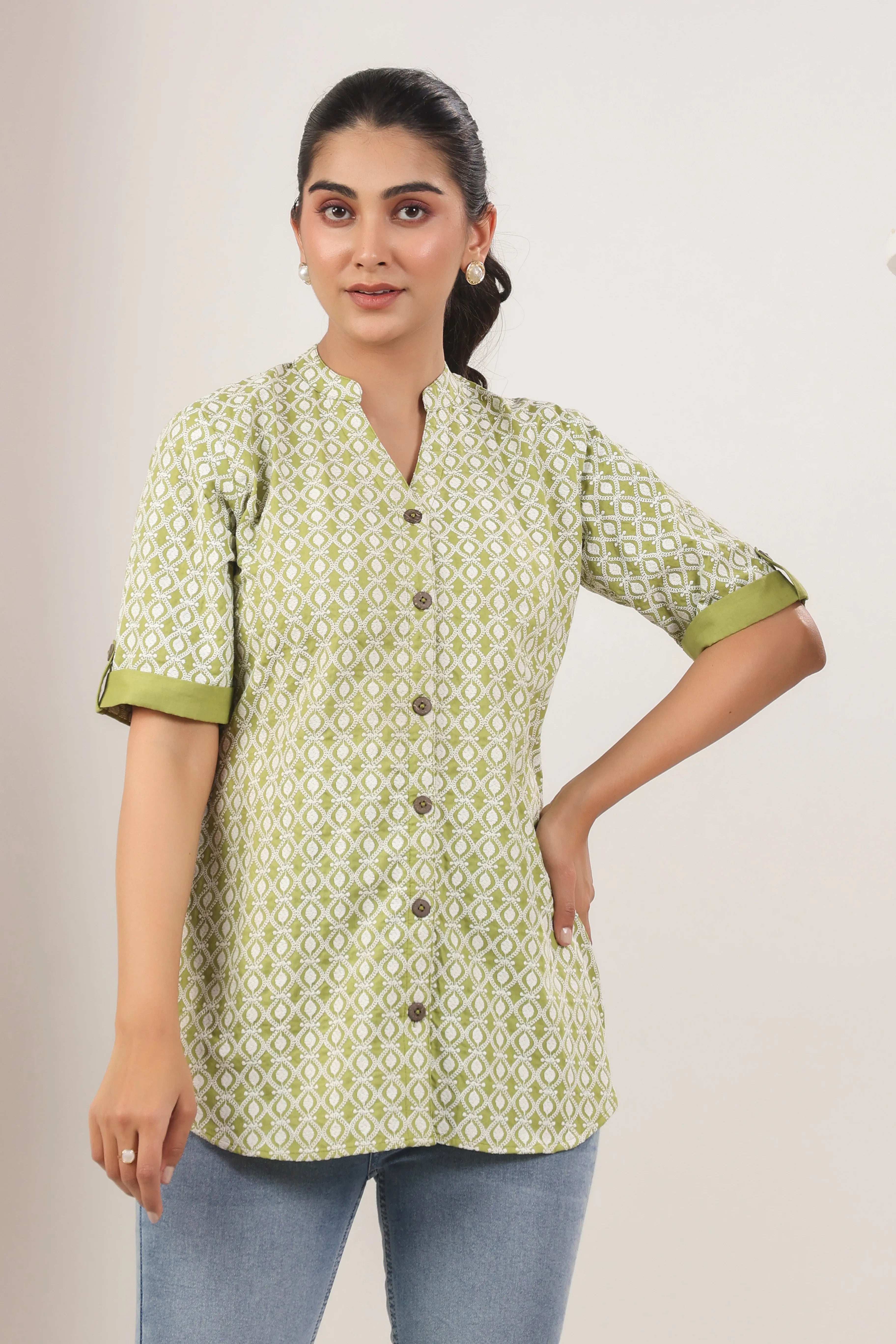 Sage Green Lakhnari Fitted Shirt - Visramaa