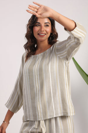 Beige green soft linen coord set - Visramaa