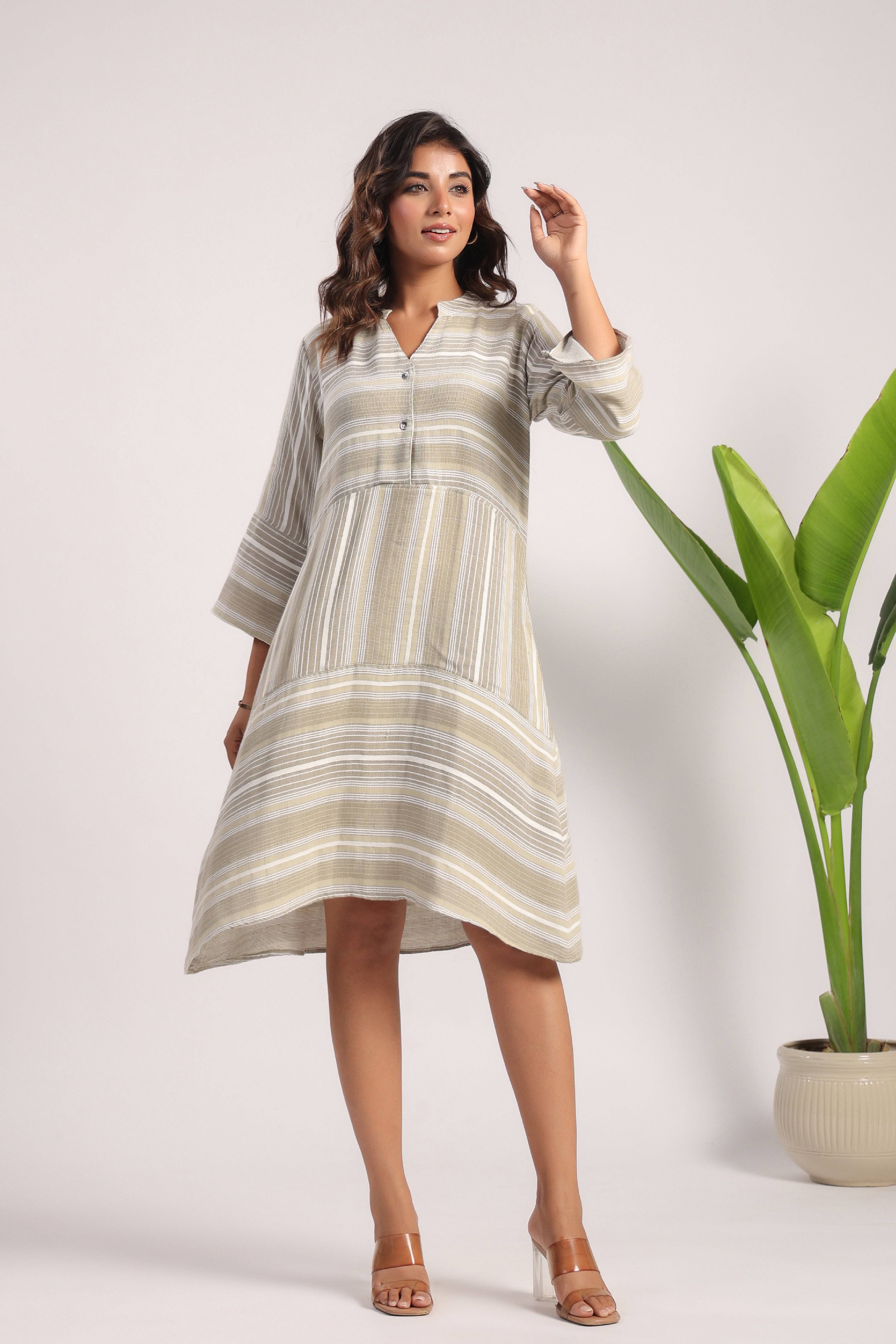 Beige green soft linen dress - Visramaa