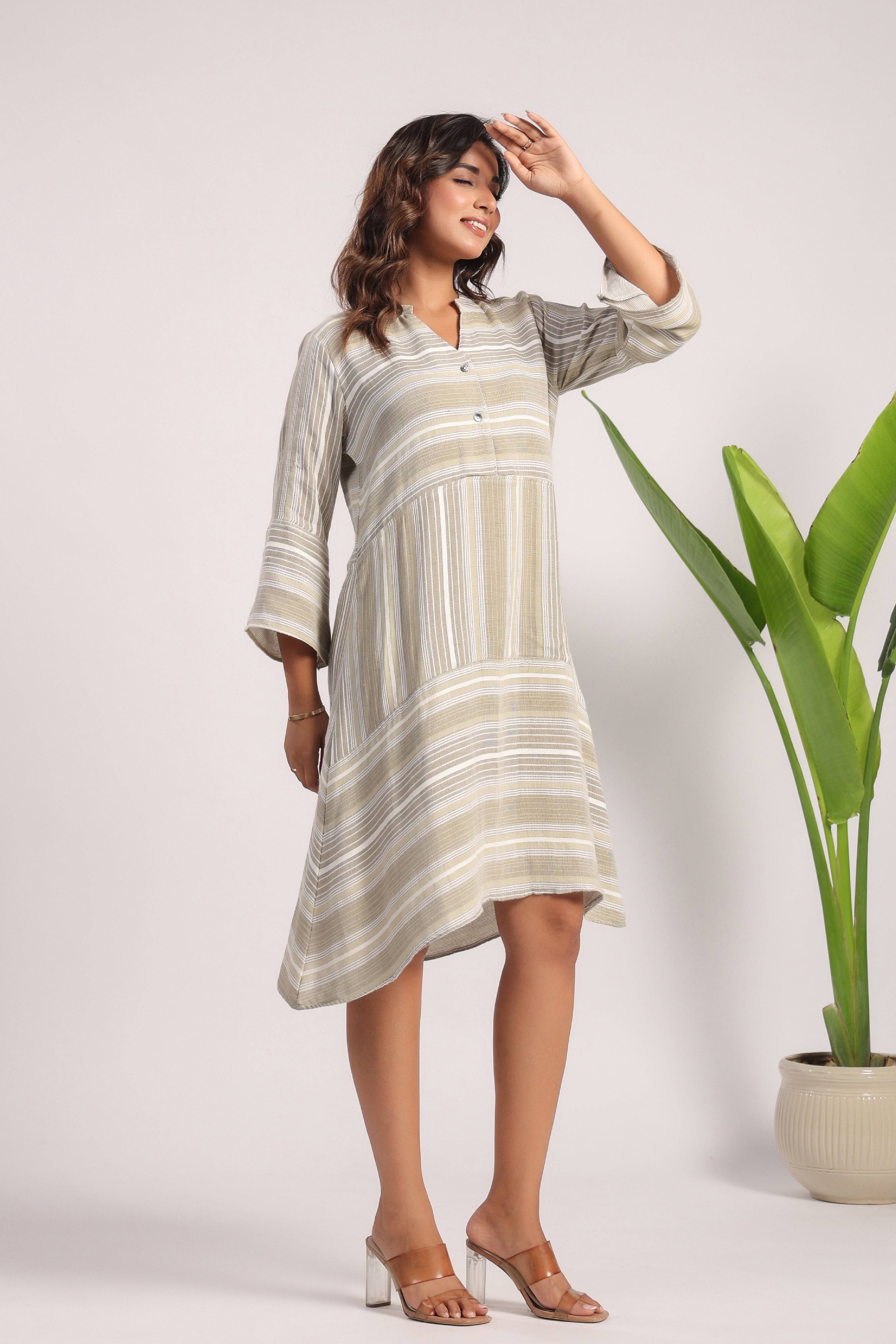 Beige green soft linen dress - Visramaa