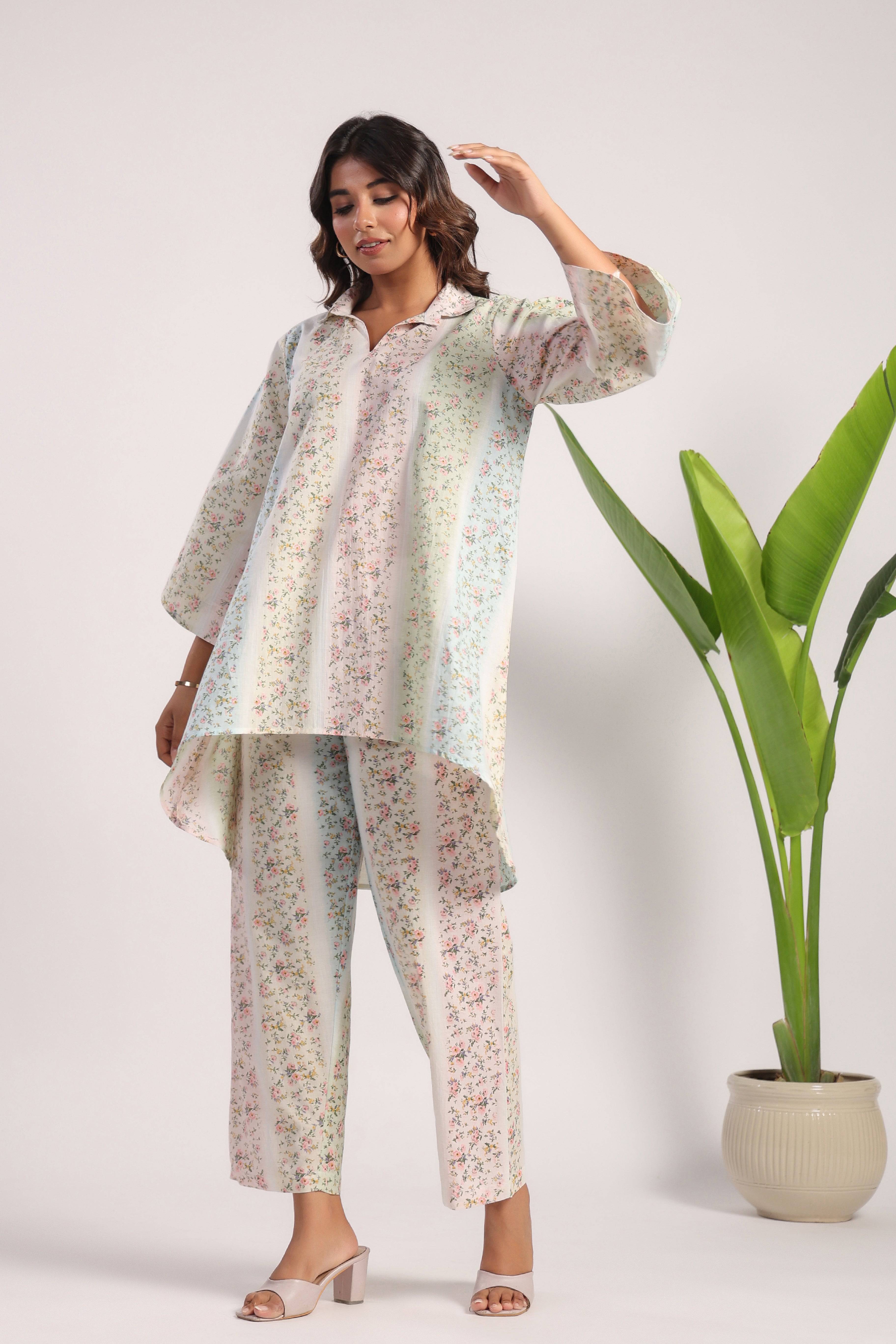 Multi color floral print cotton coord set. - Visramaa