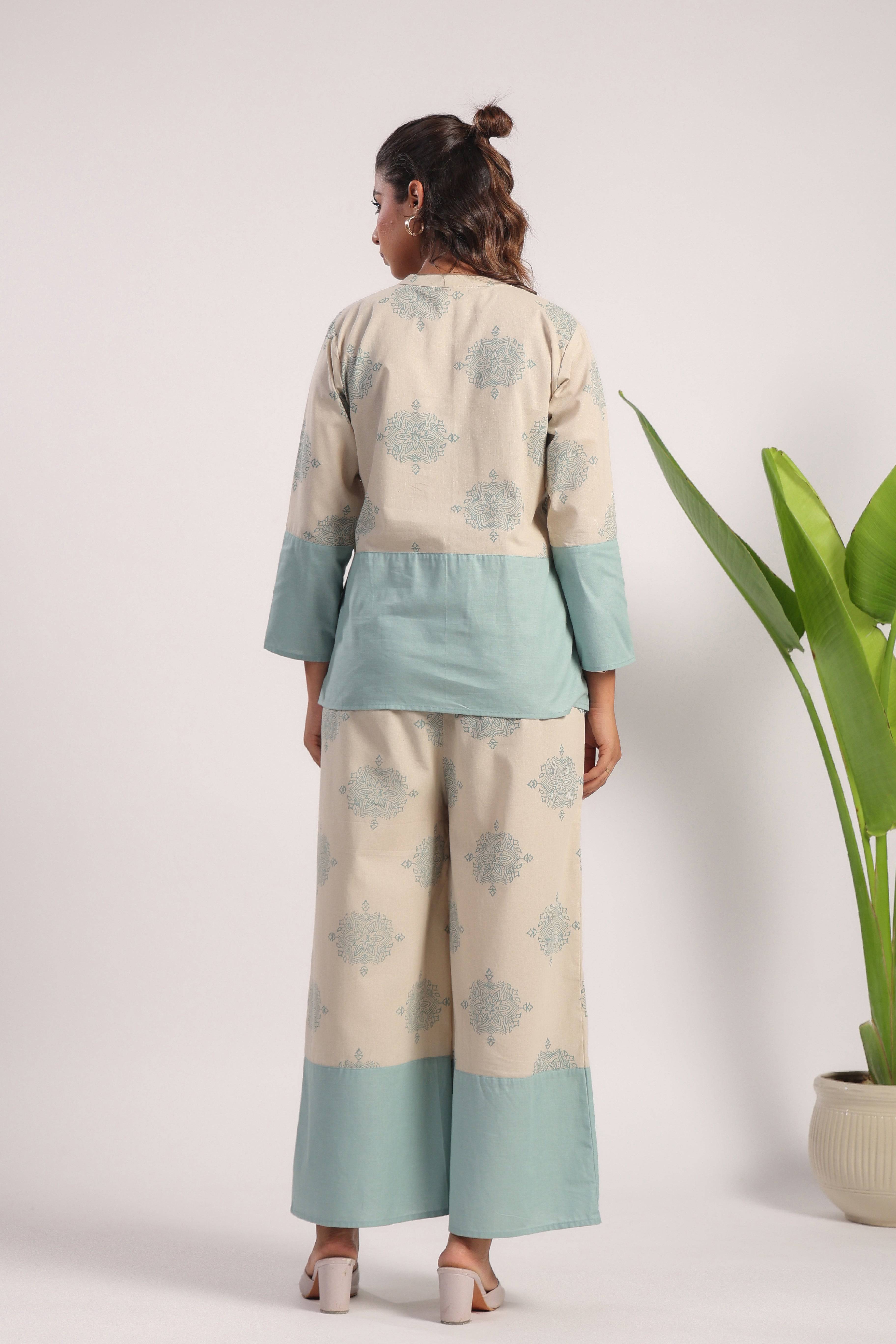 Beige and sea green linen coord set - Visramaa