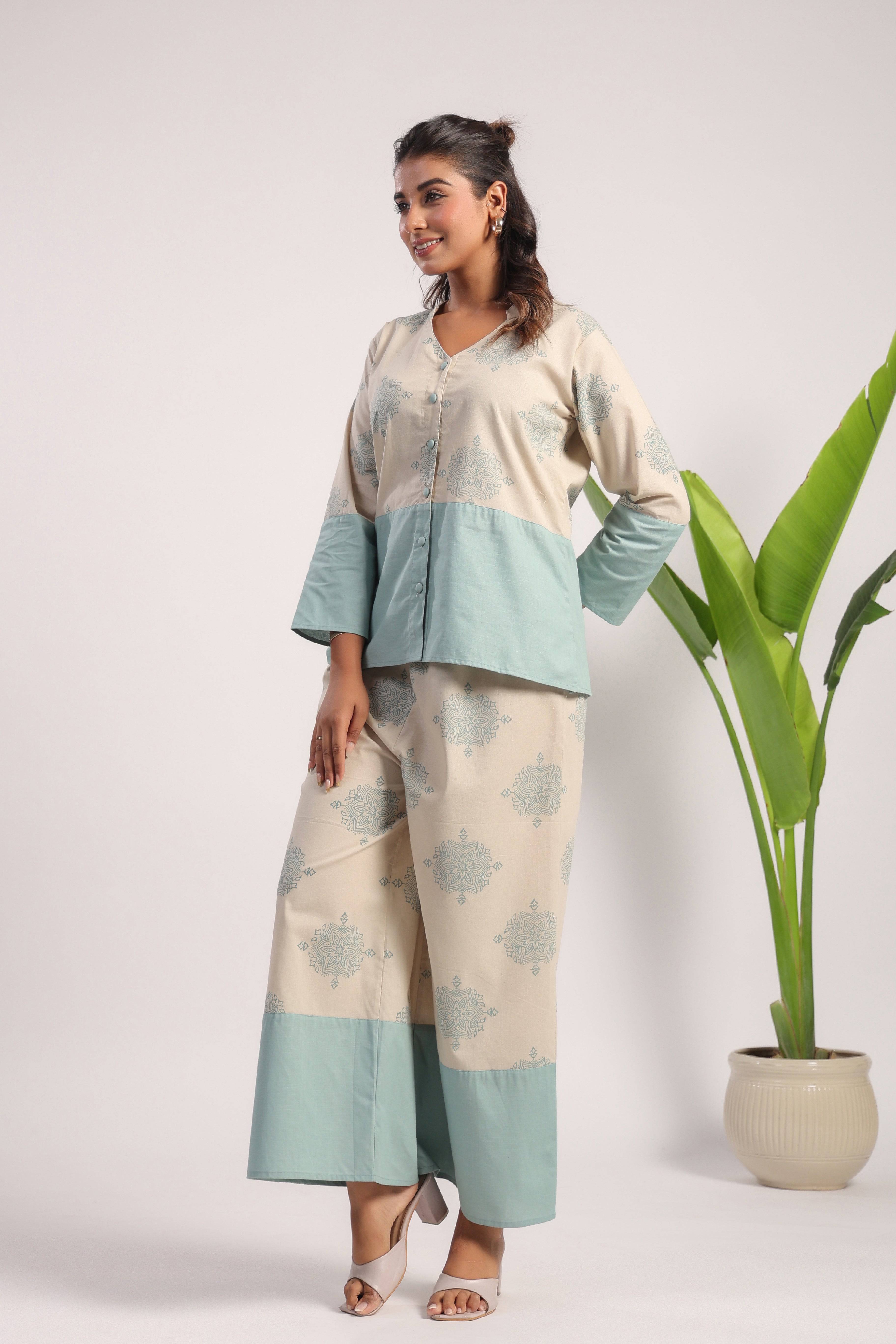 Beige and sea green linen coord set - Visramaa