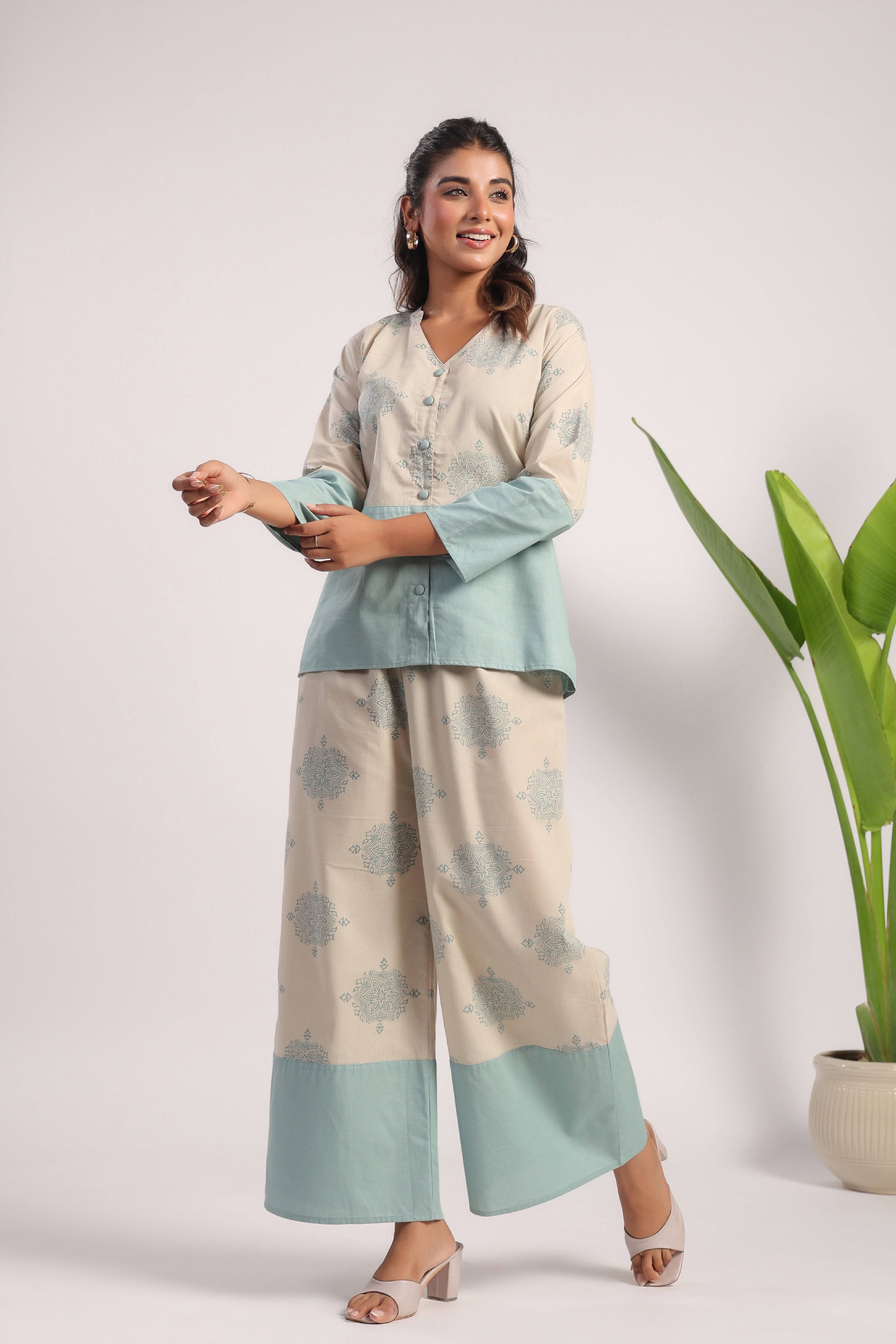 Beige and sea green linen coord set - Visramaa