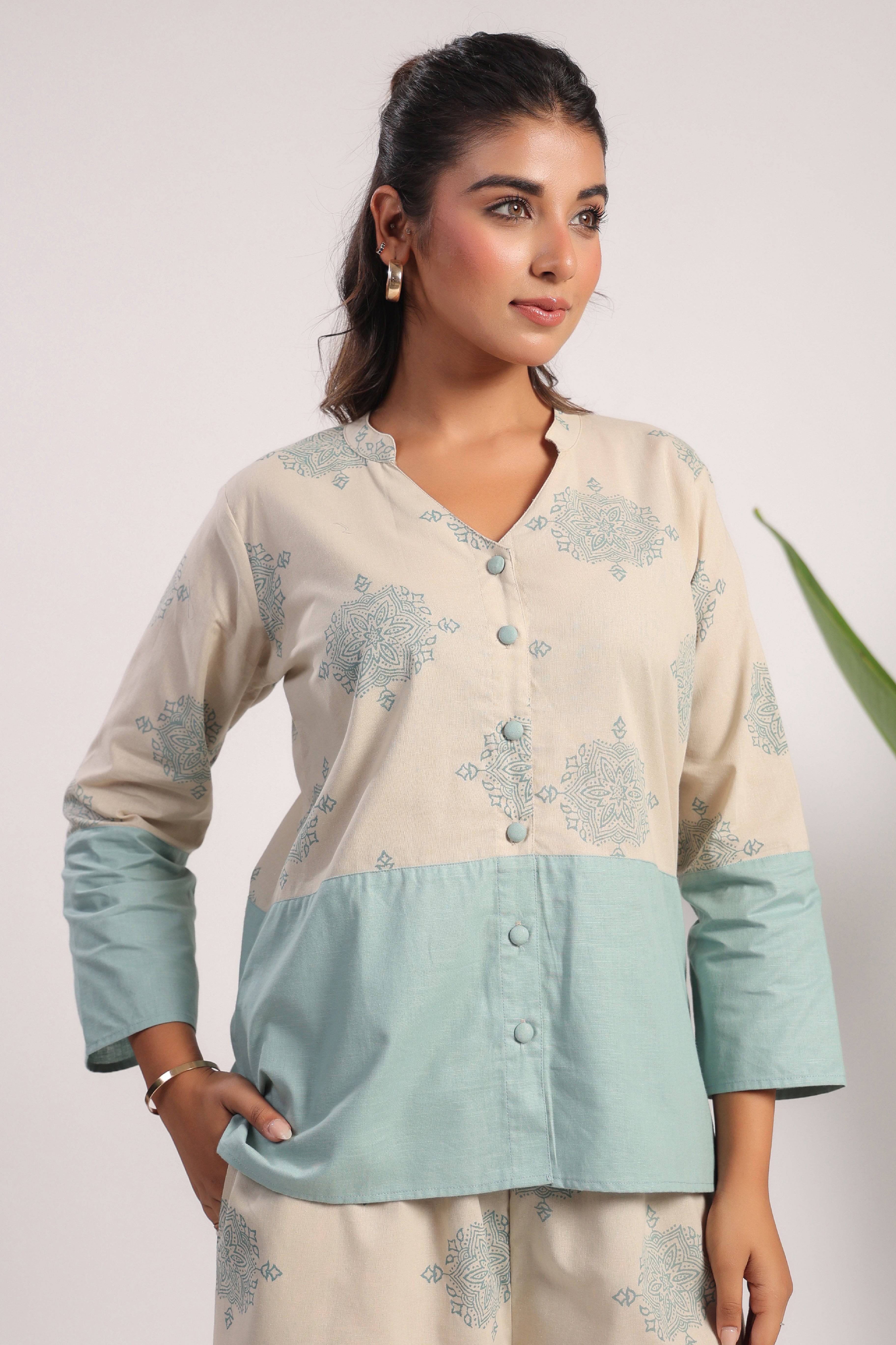Beige and sea green linen coord set - Visramaa