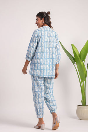 Sky blue block printed cotton coord set - Visramaa