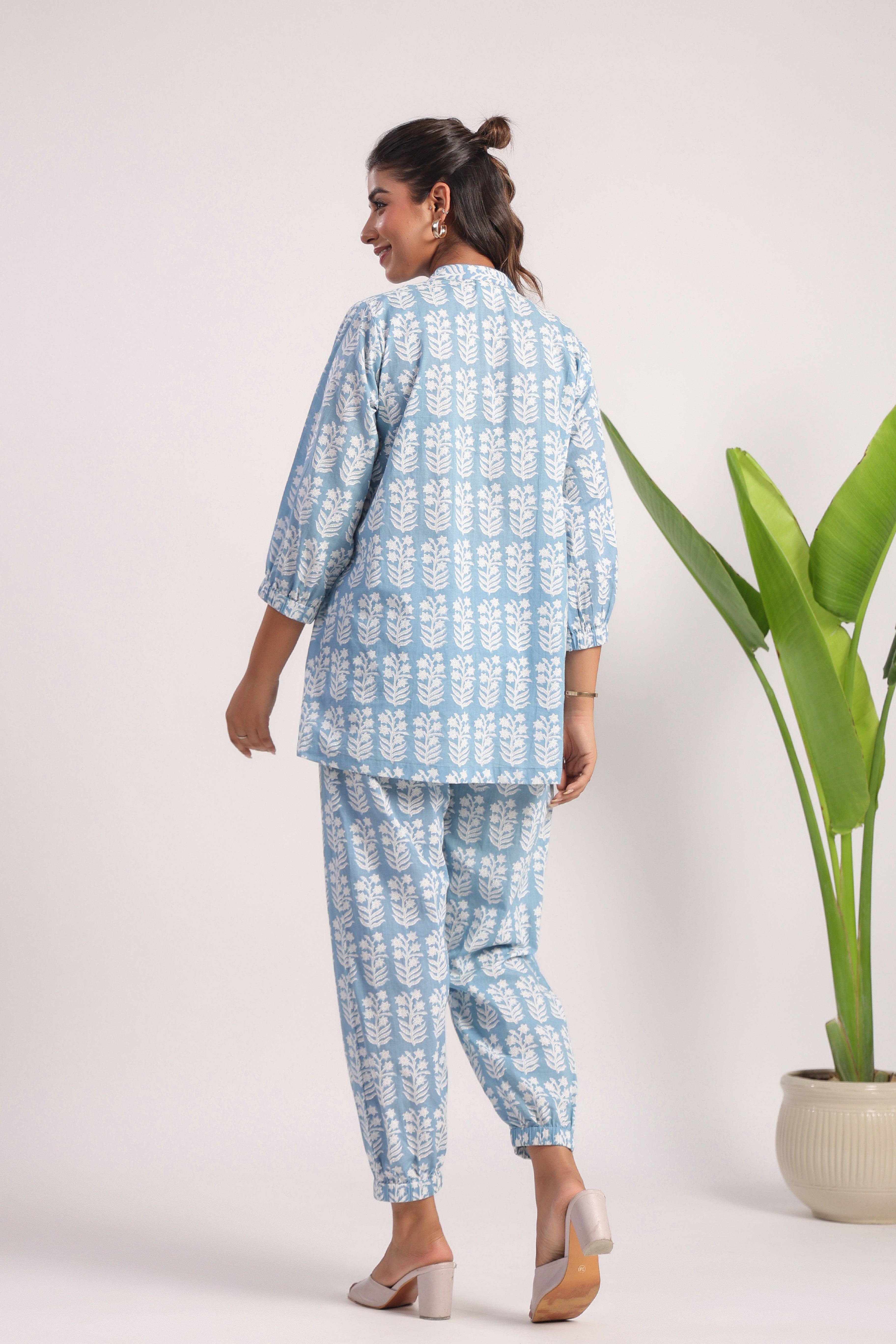 Sky blue block printed cotton coord set - Visramaa