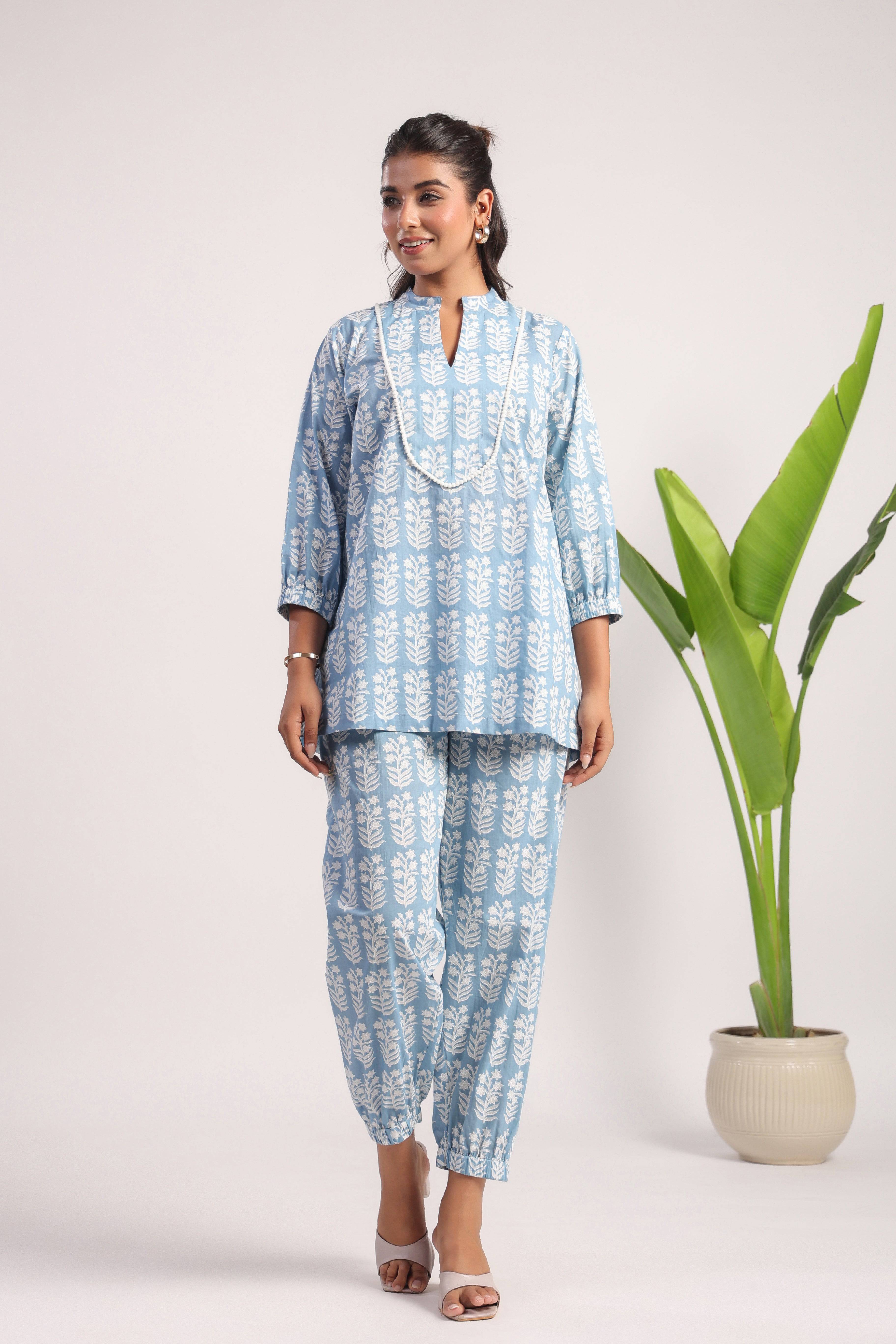 Sky blue block printed cotton coord set - Visramaa