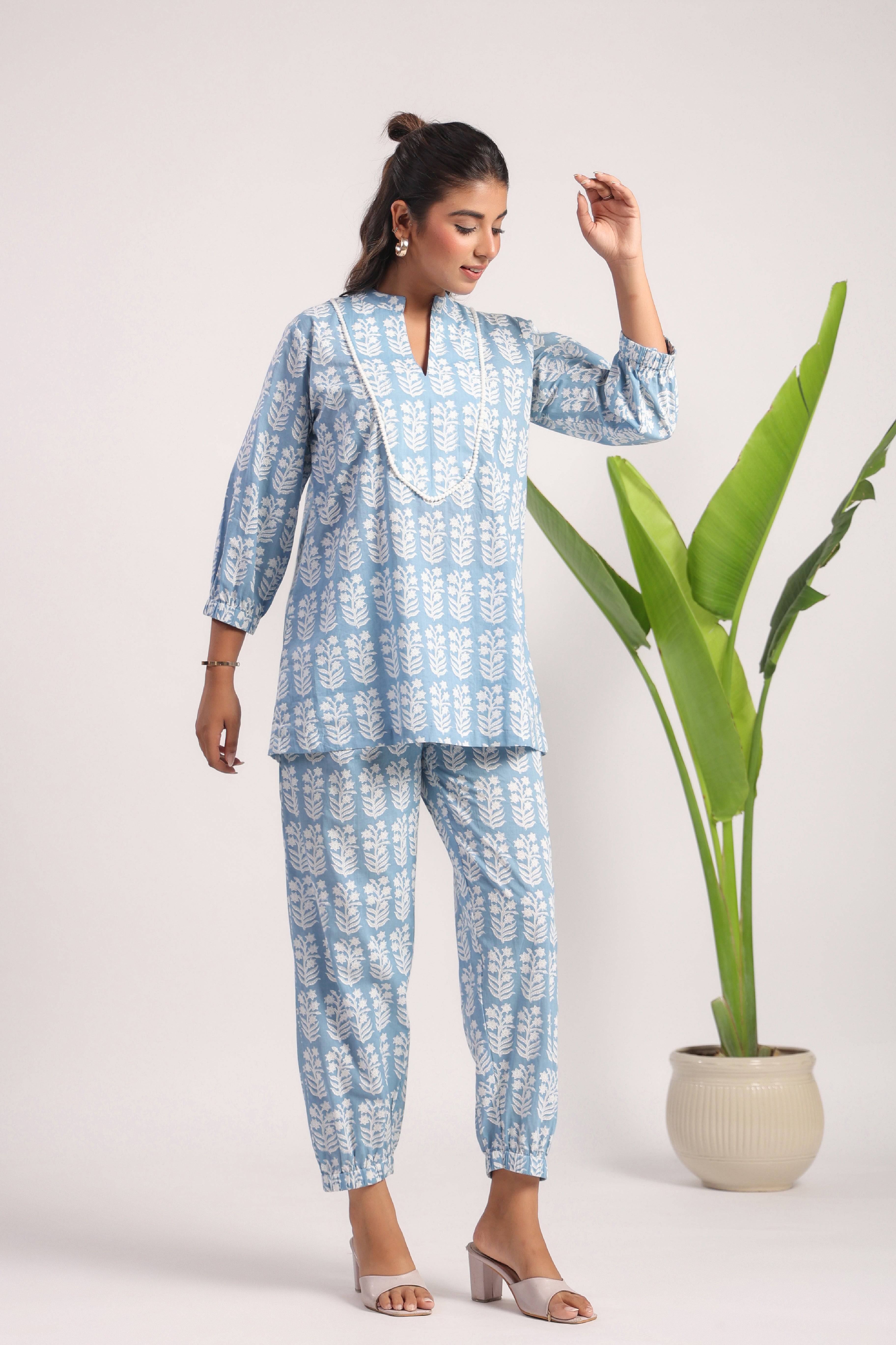 Sky blue block printed cotton coord set - Visramaa