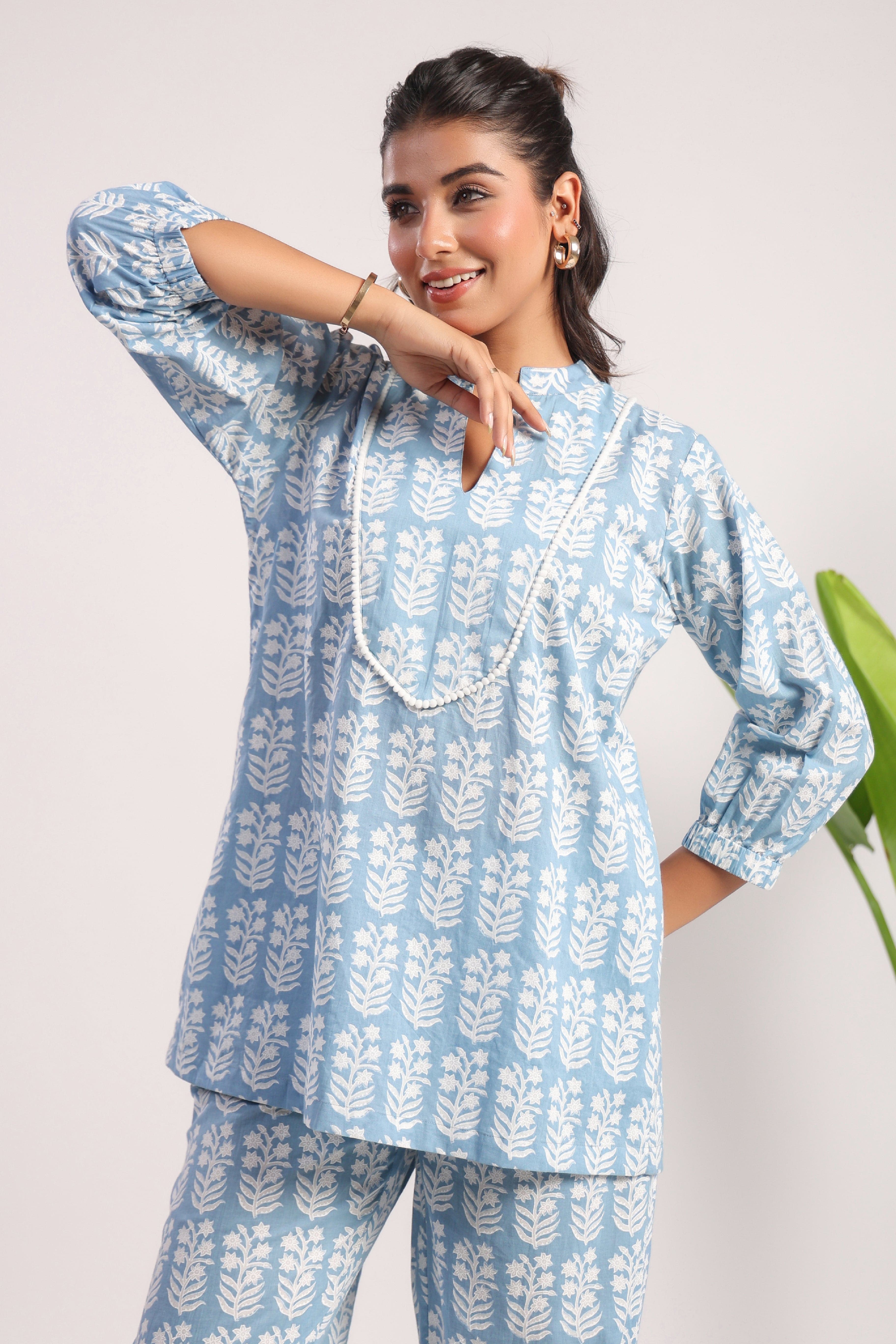 Sky blue block printed cotton coord set - Visramaa