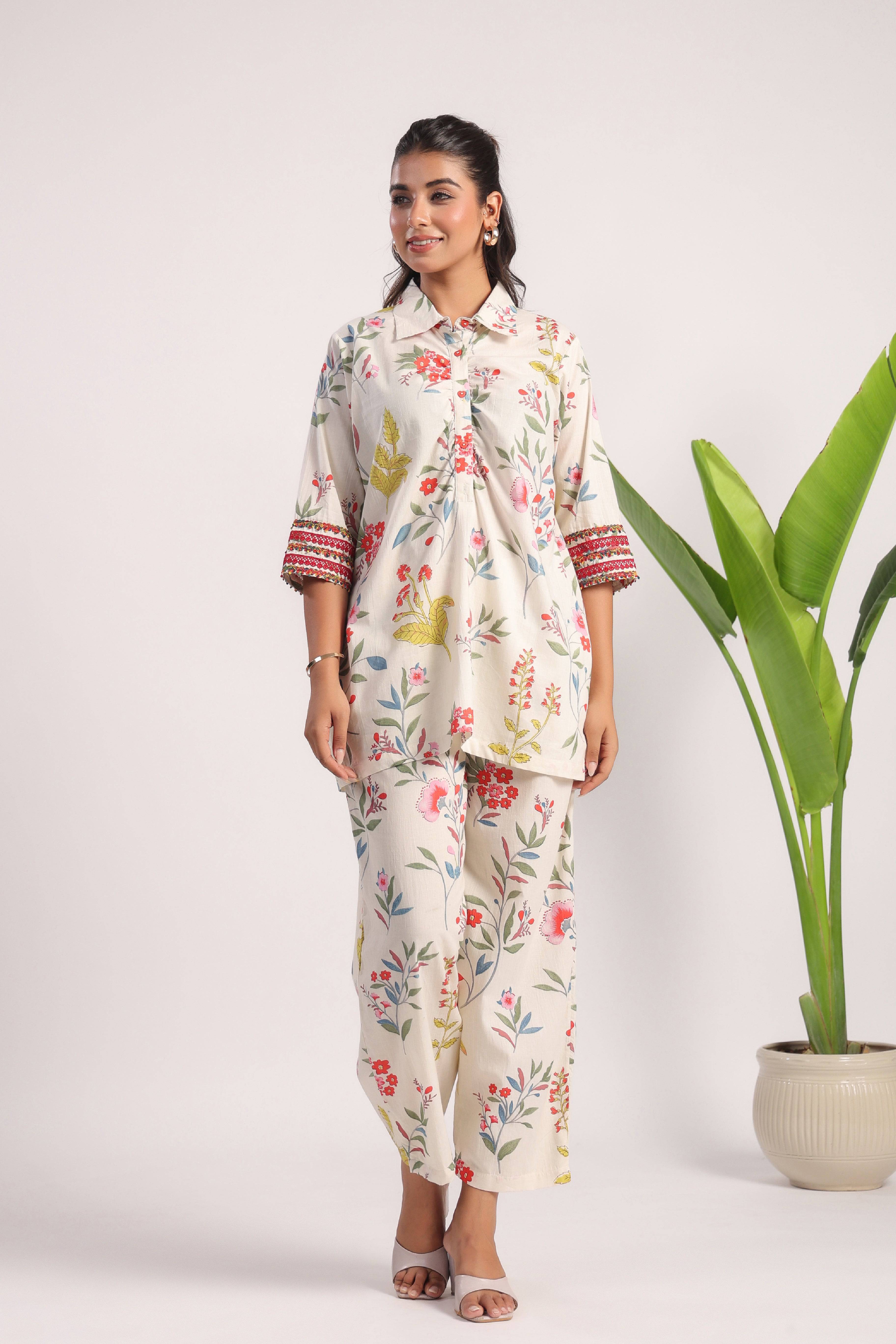 White floral cotton coord set - Visramaa