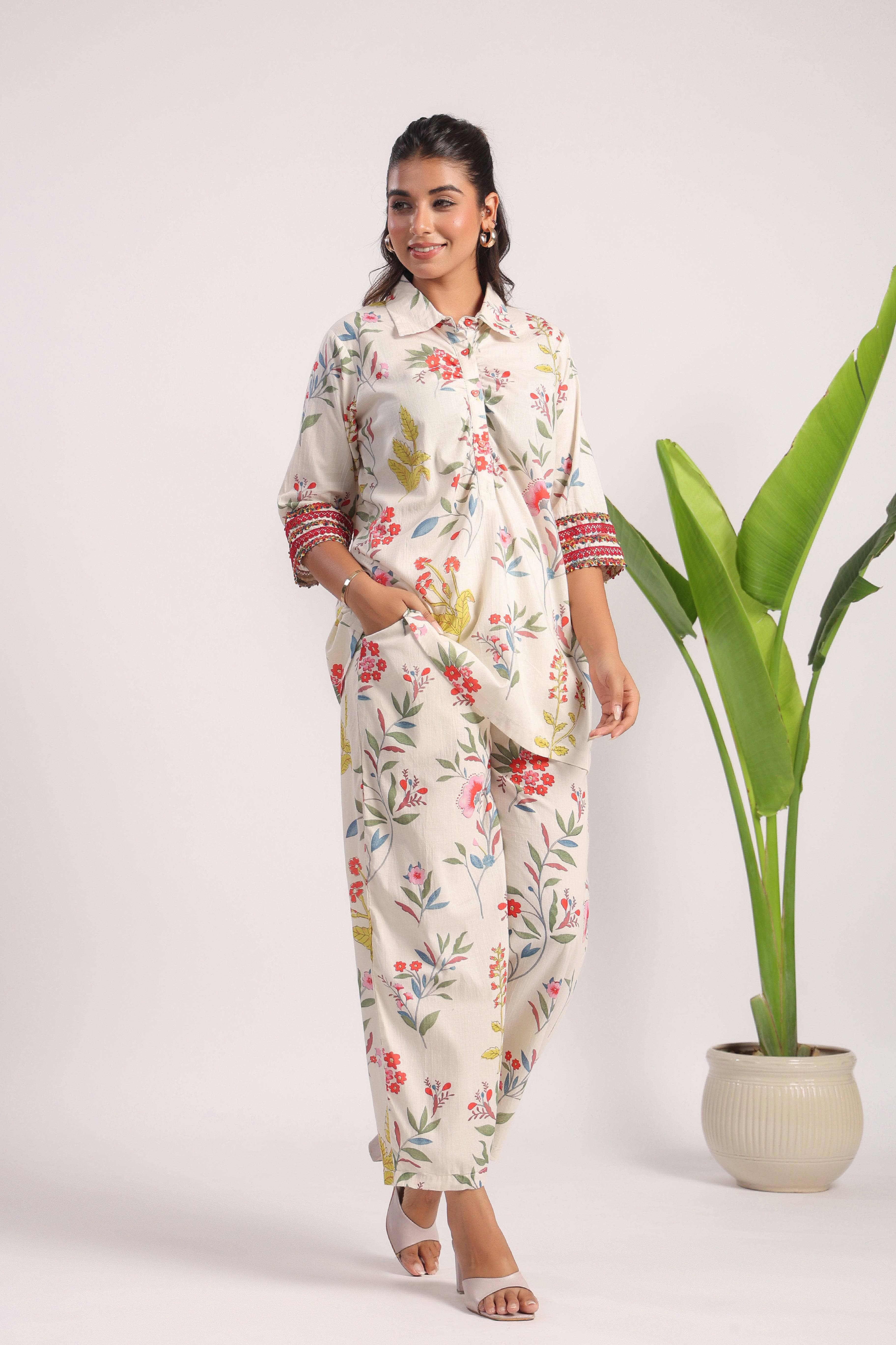 White floral cotton coord set - Visramaa