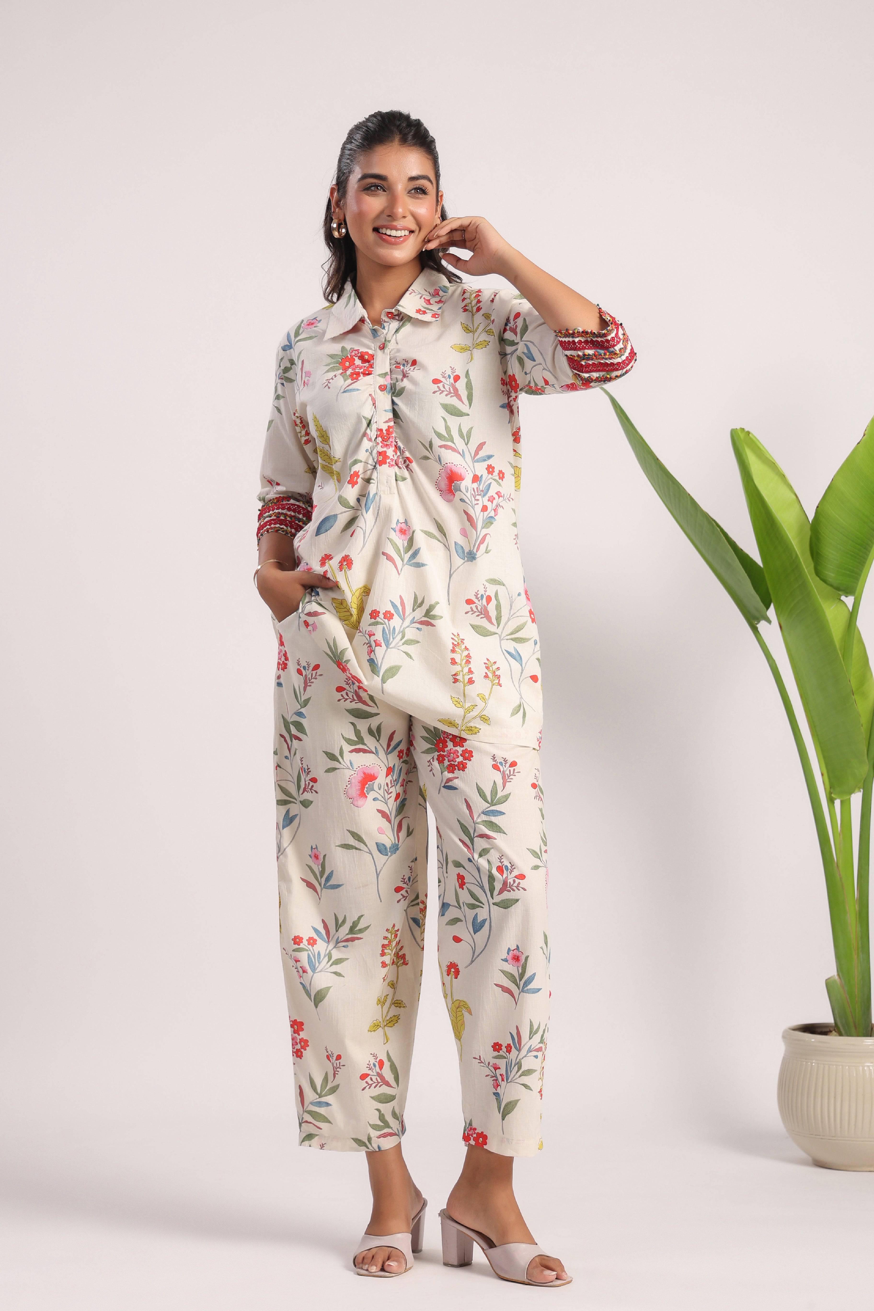 White floral cotton coord set - Visramaa