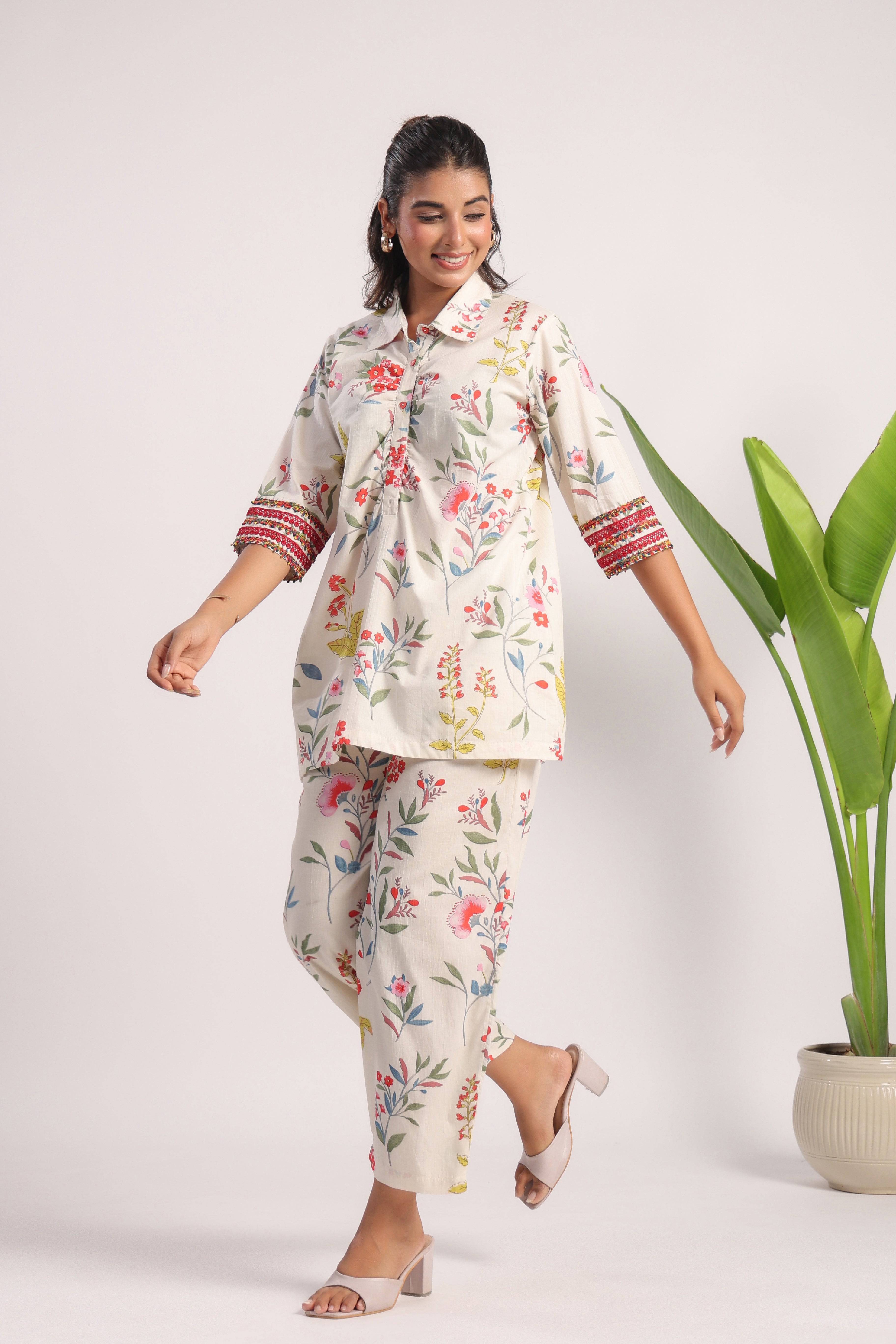 White floral cotton coord set - Visramaa