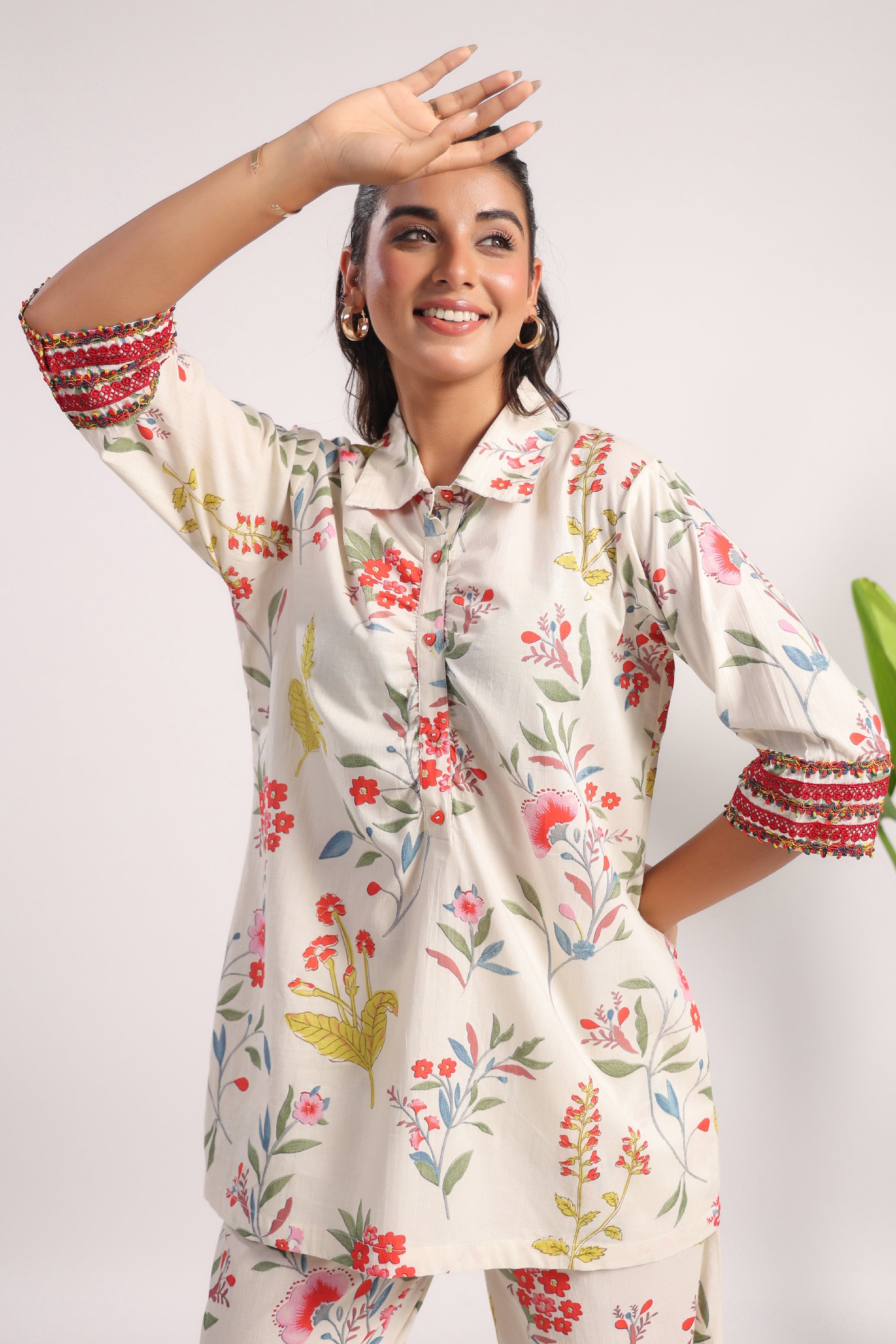 White floral cotton coord set - Visramaa