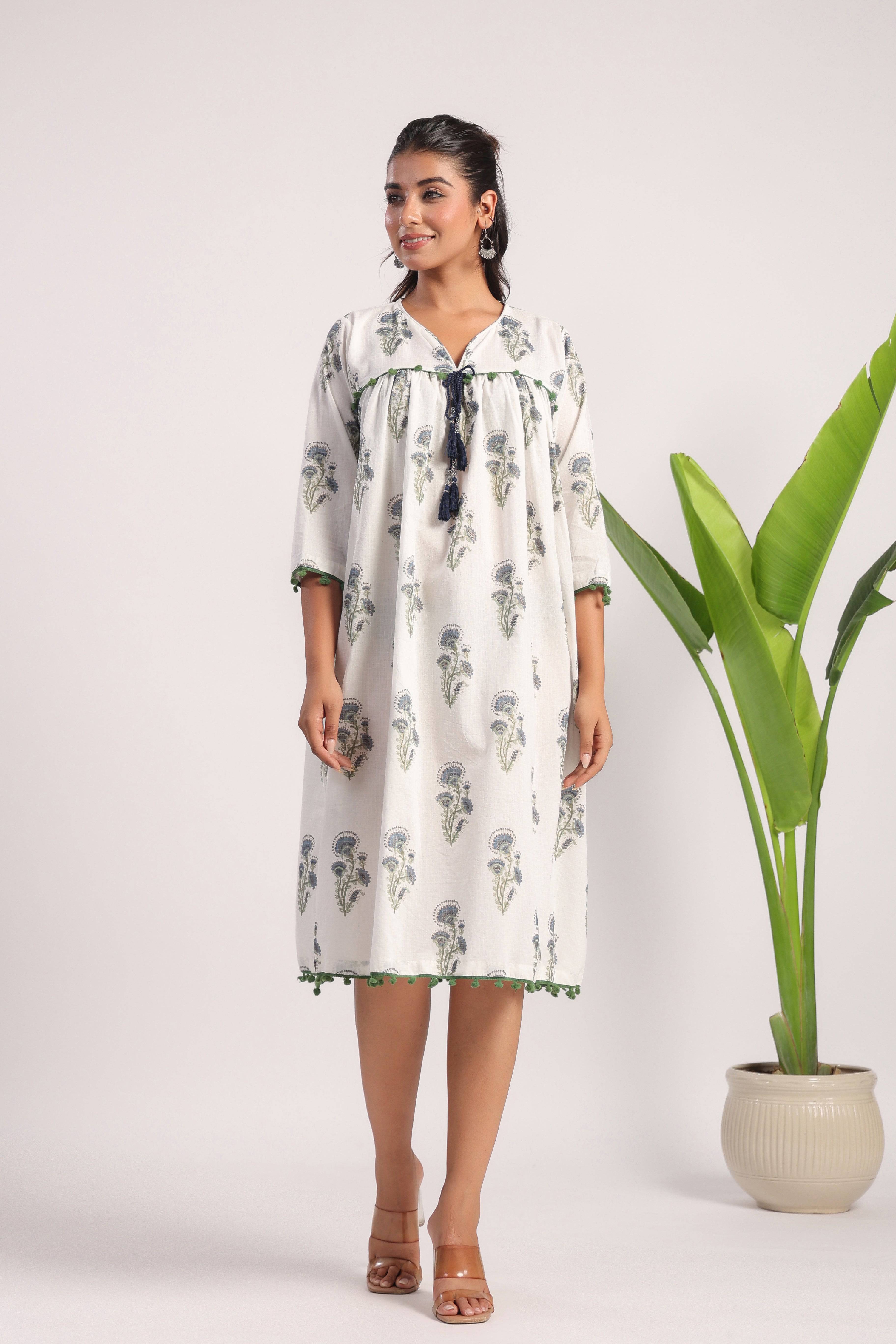 White block printed cotton dress - Visramaa