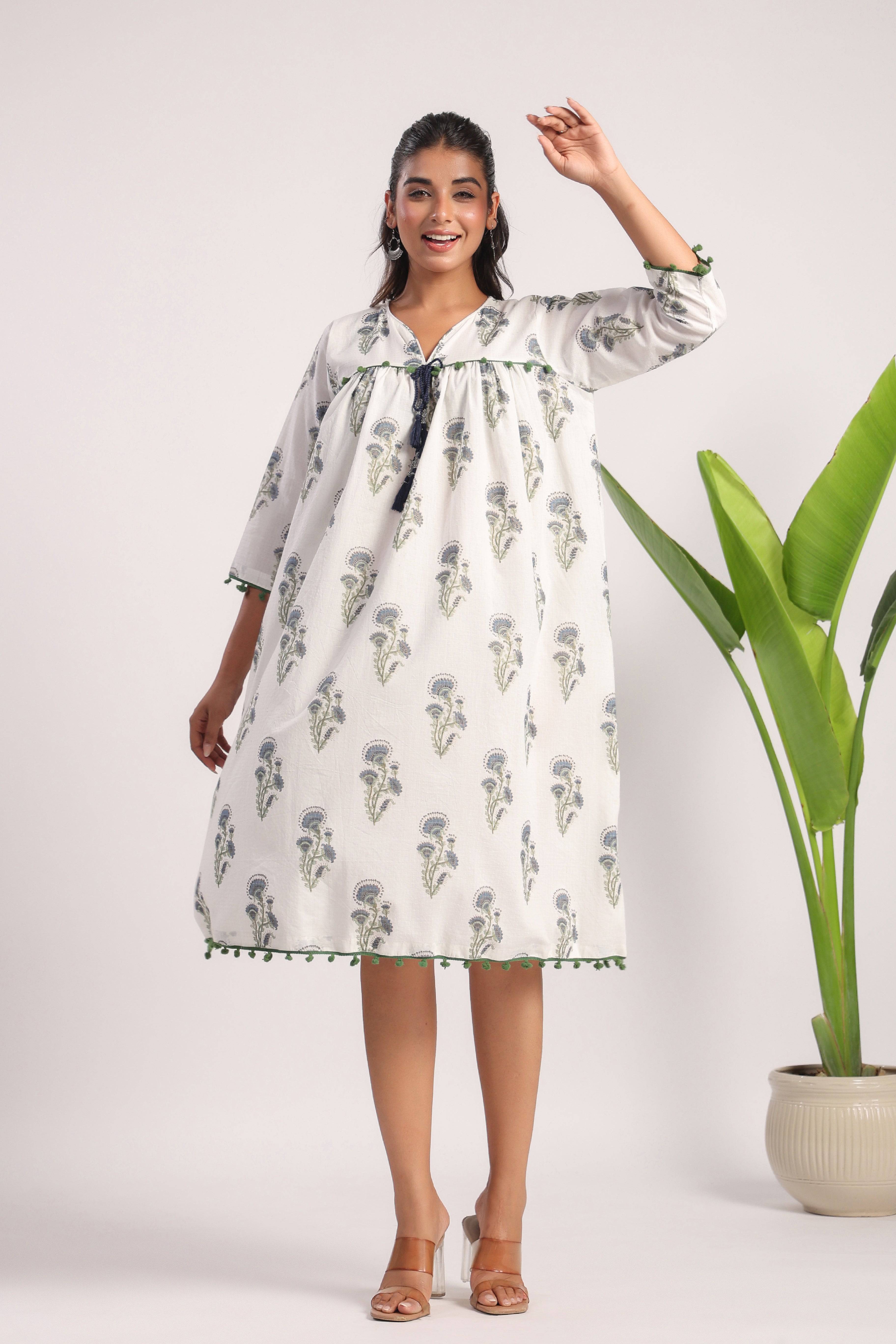 White block printed cotton dress - Visramaa