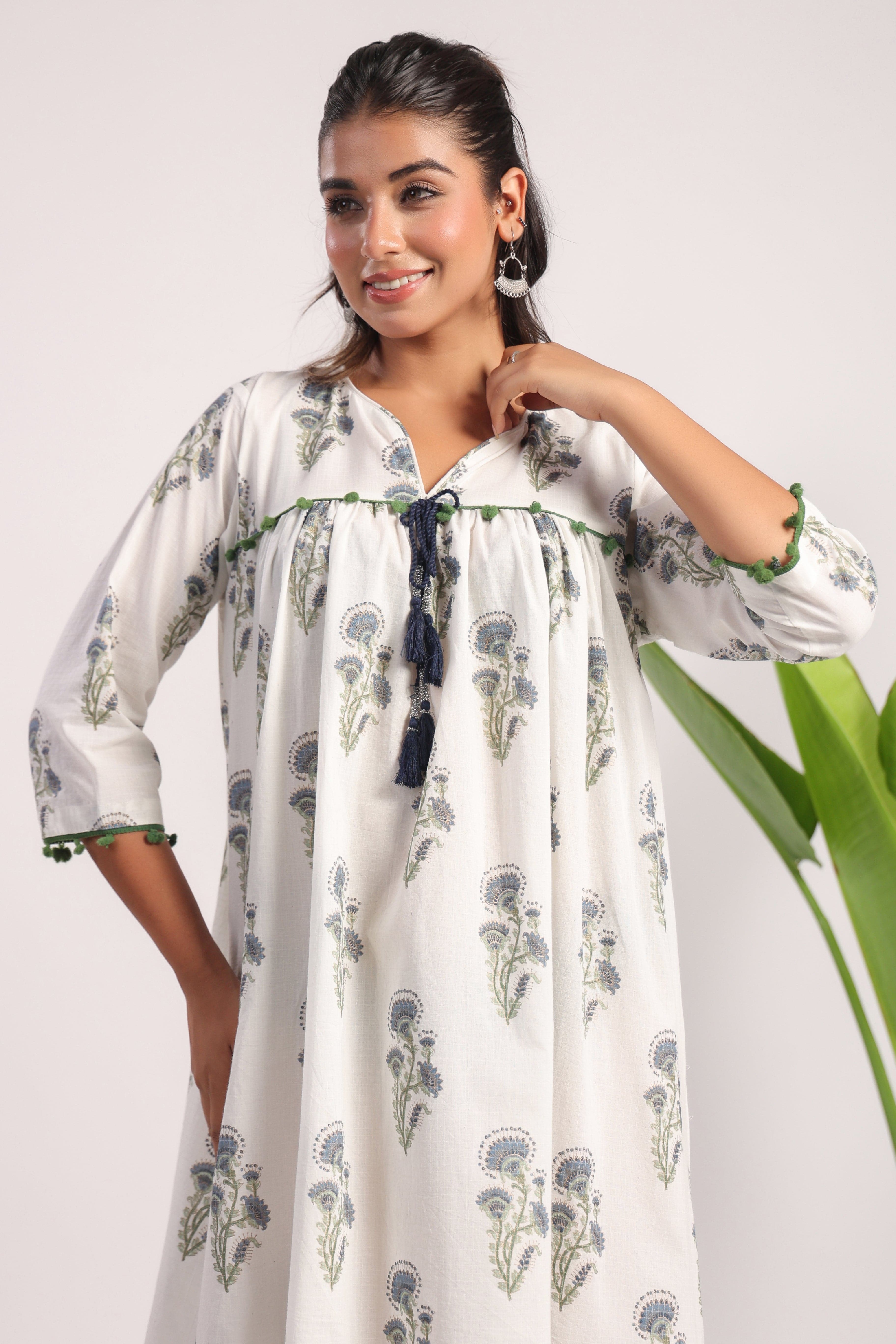 White block printed cotton dress - Visramaa
