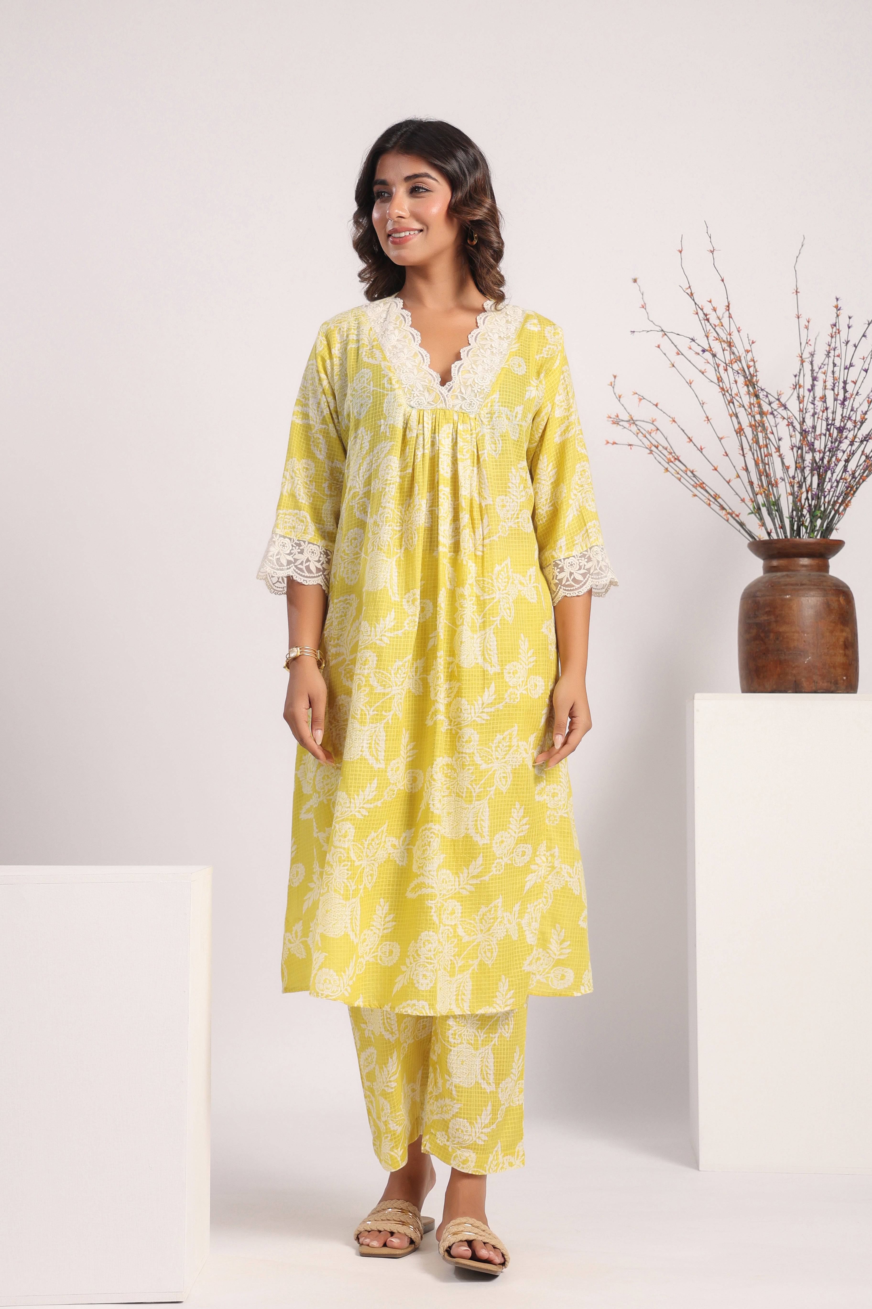 Yellow floral print cotton coord set. - Visramaa