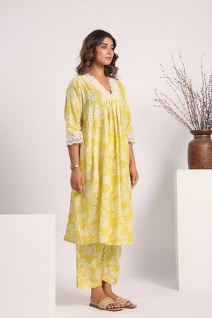 Yellow floral print cotton coord set. - Visramaa
