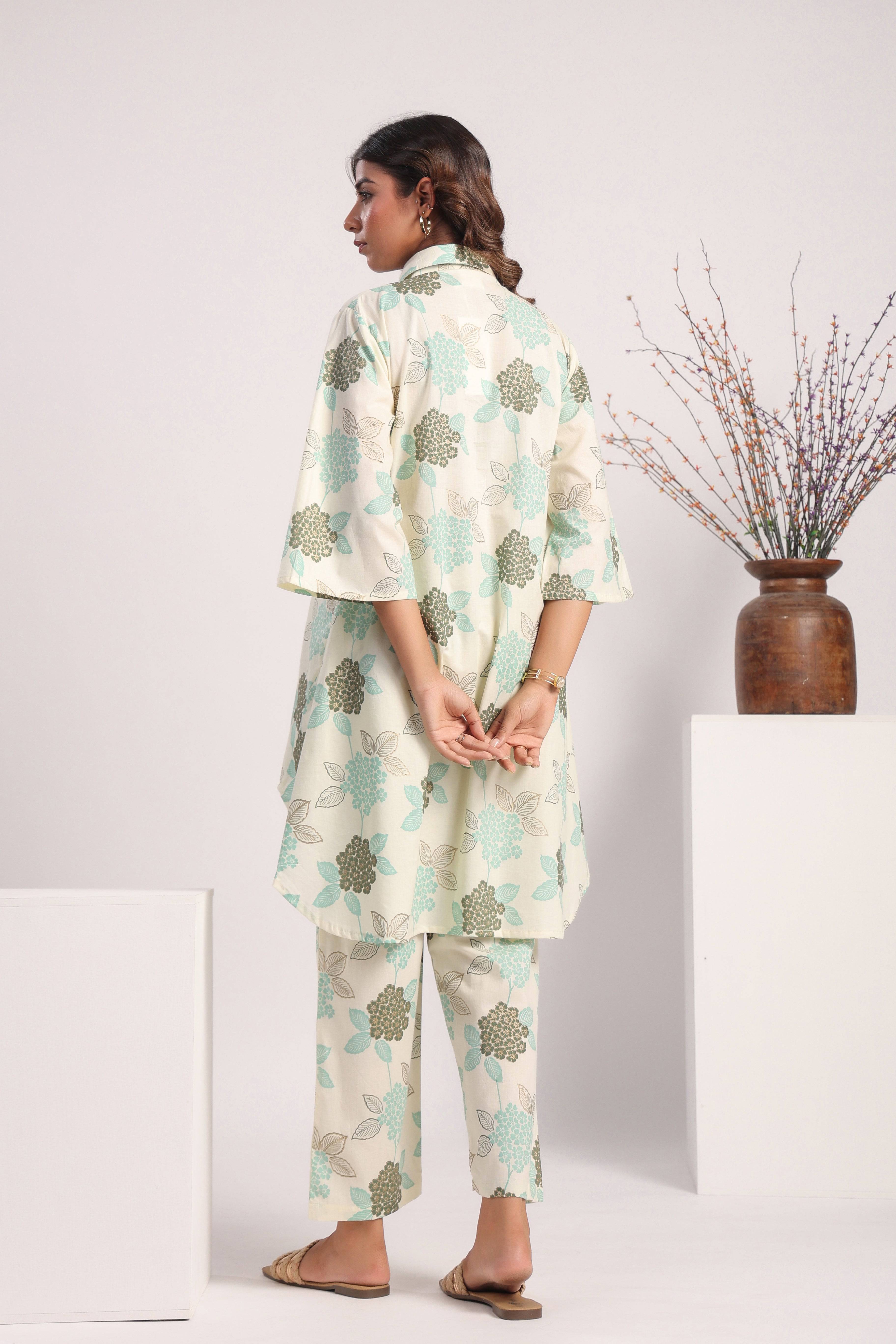 White ferozi floral cotton coord set - Visramaa