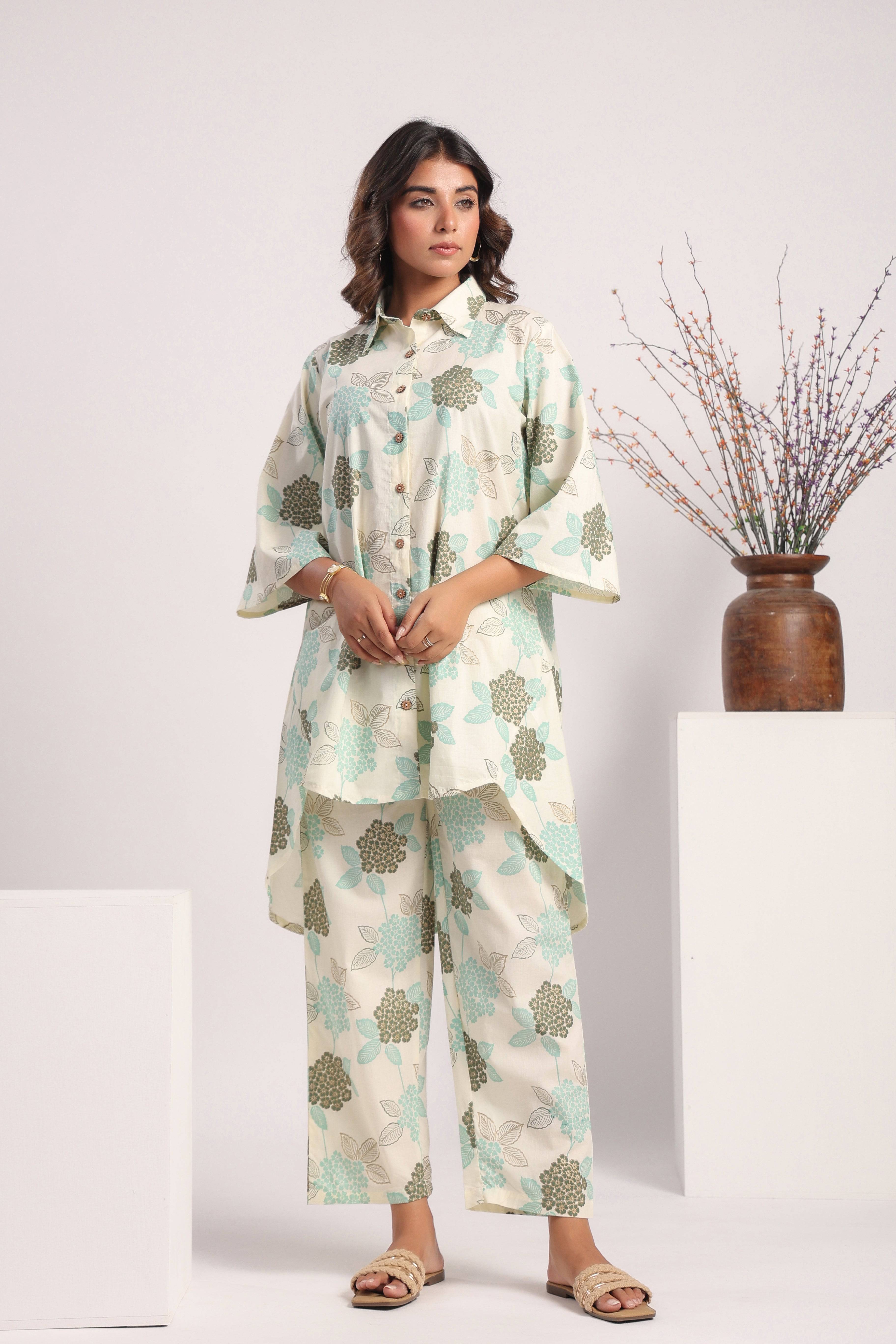 White ferozi floral cotton coord set - Visramaa