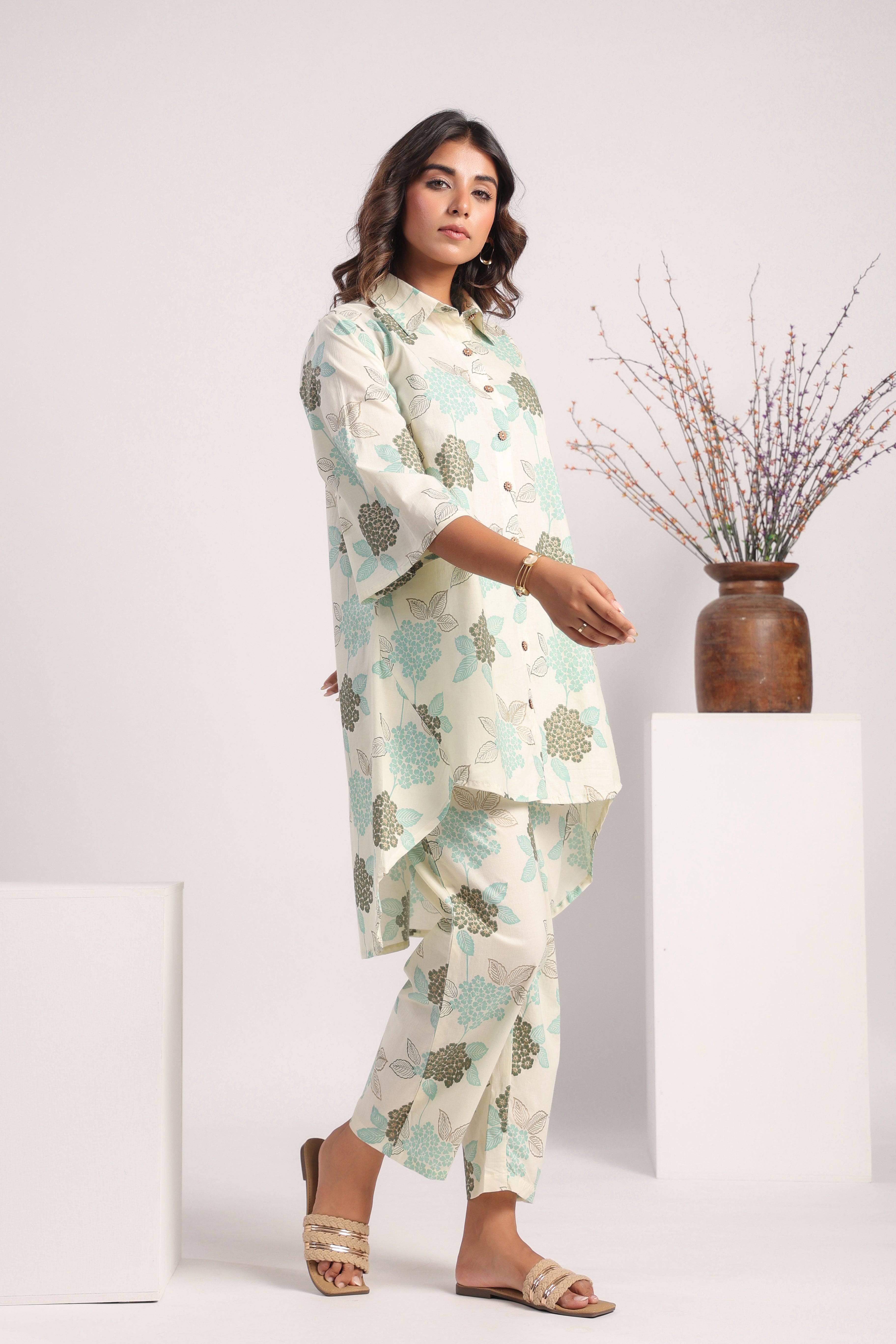 White ferozi floral cotton coord set - Visramaa