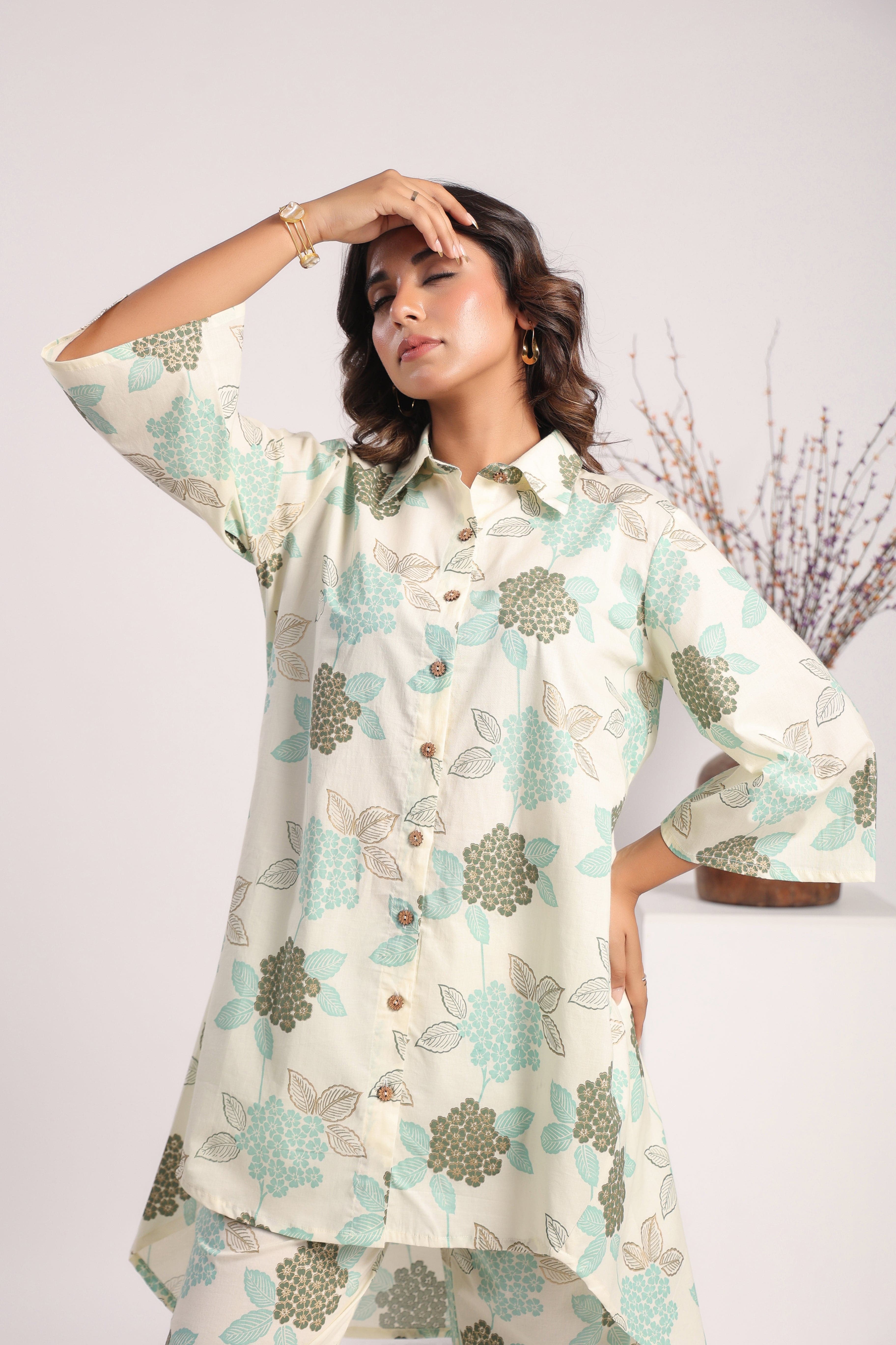 White ferozi floral cotton coord set - Visramaa