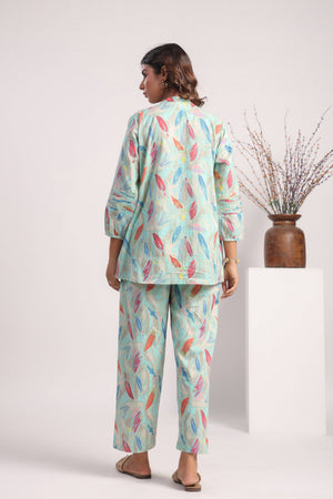 Sky blue leafy print cotton coord set - Visramaa