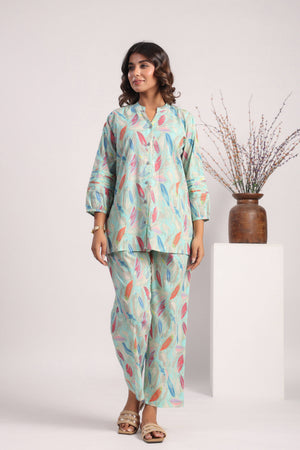 Sky blue leafy print cotton coord set - Visramaa
