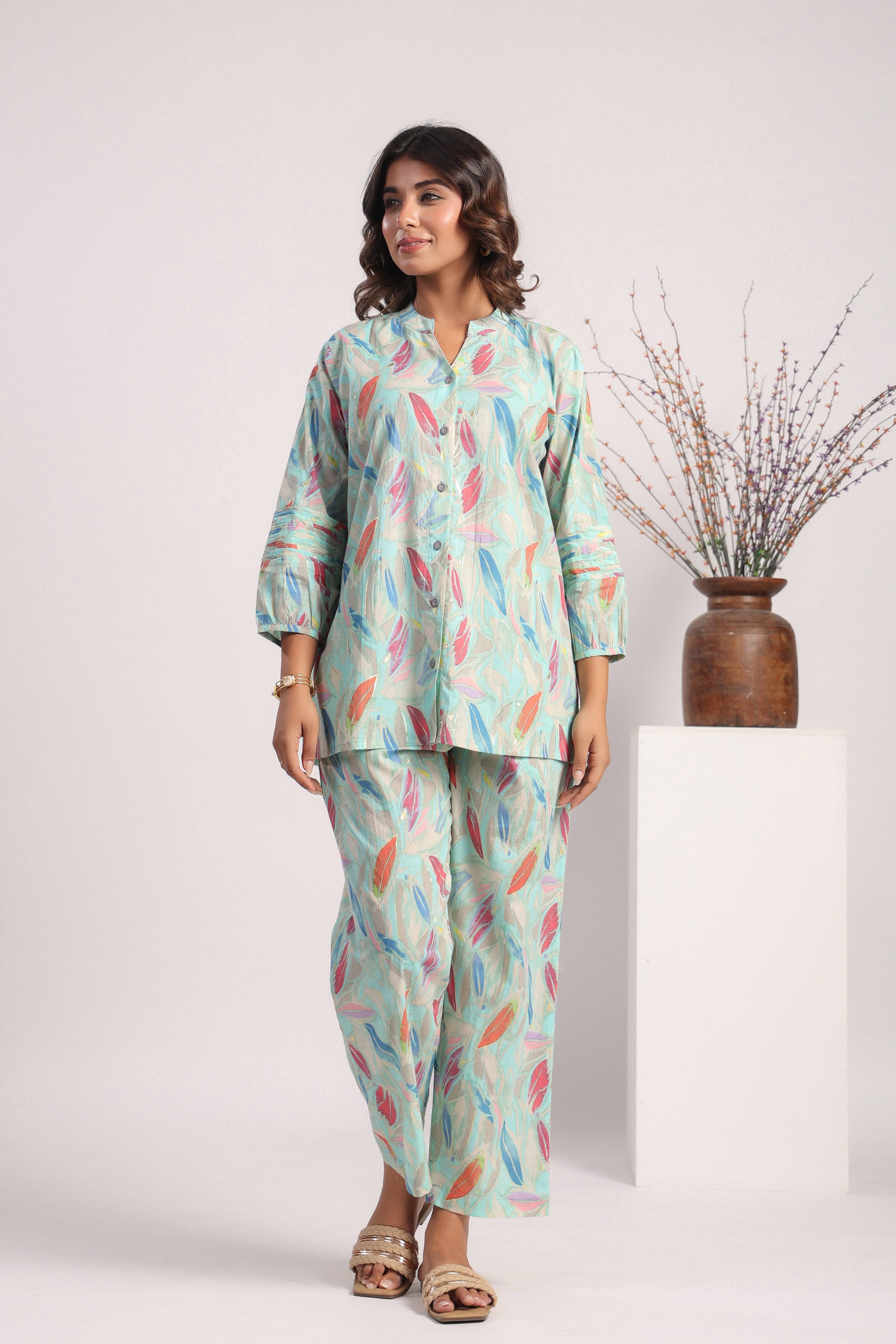 Sky blue leafy print cotton coord set - Visramaa