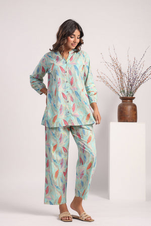 Sky blue leafy print cotton coord set - Visramaa