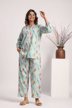 Sky blue leafy print cotton coord set - Visramaa
