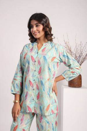 Sky blue leafy print cotton coord set - Visramaa