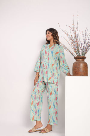Sky blue leafy print cotton coord set - Visramaa