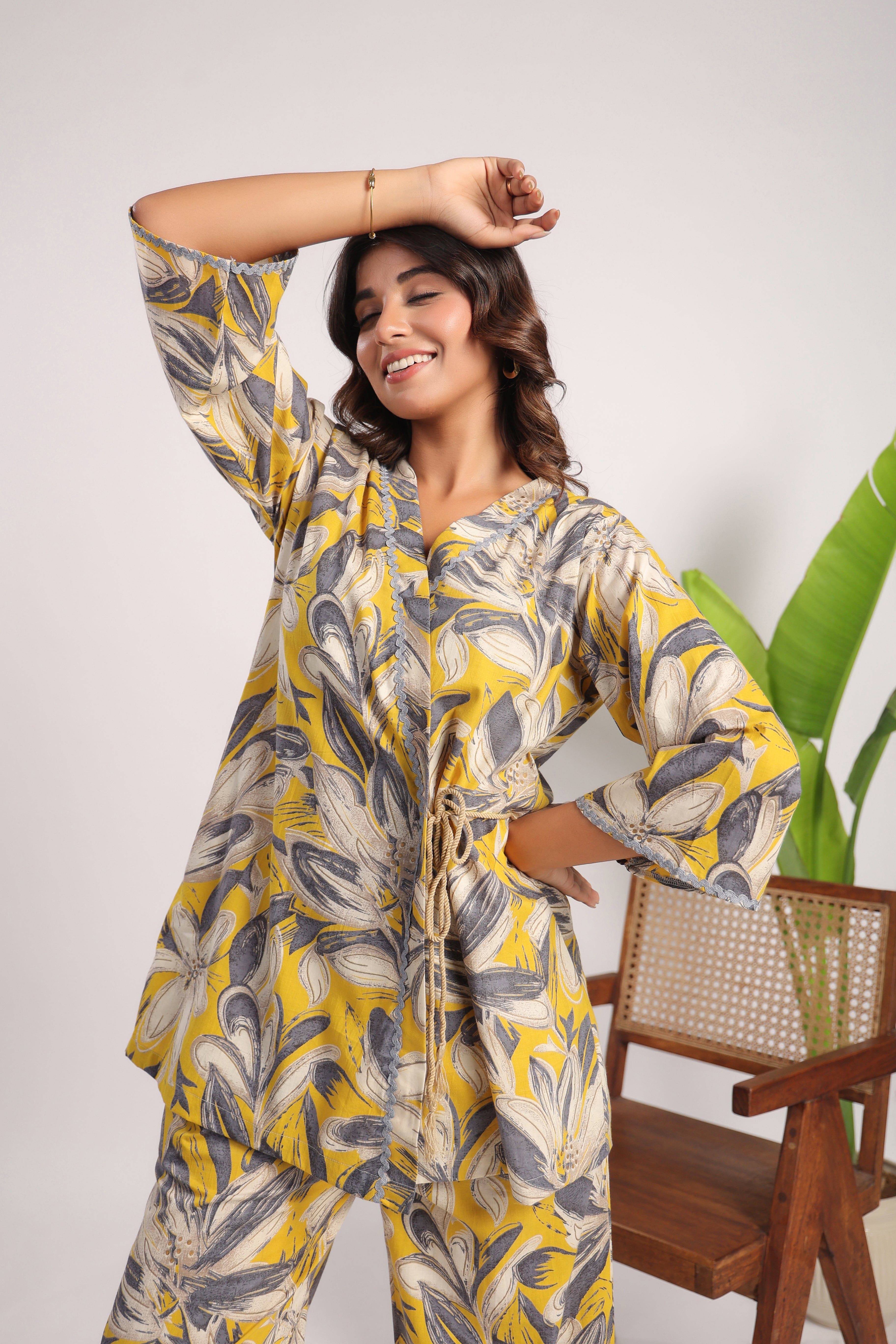 Yellow floral cotton coord set - Visramaa