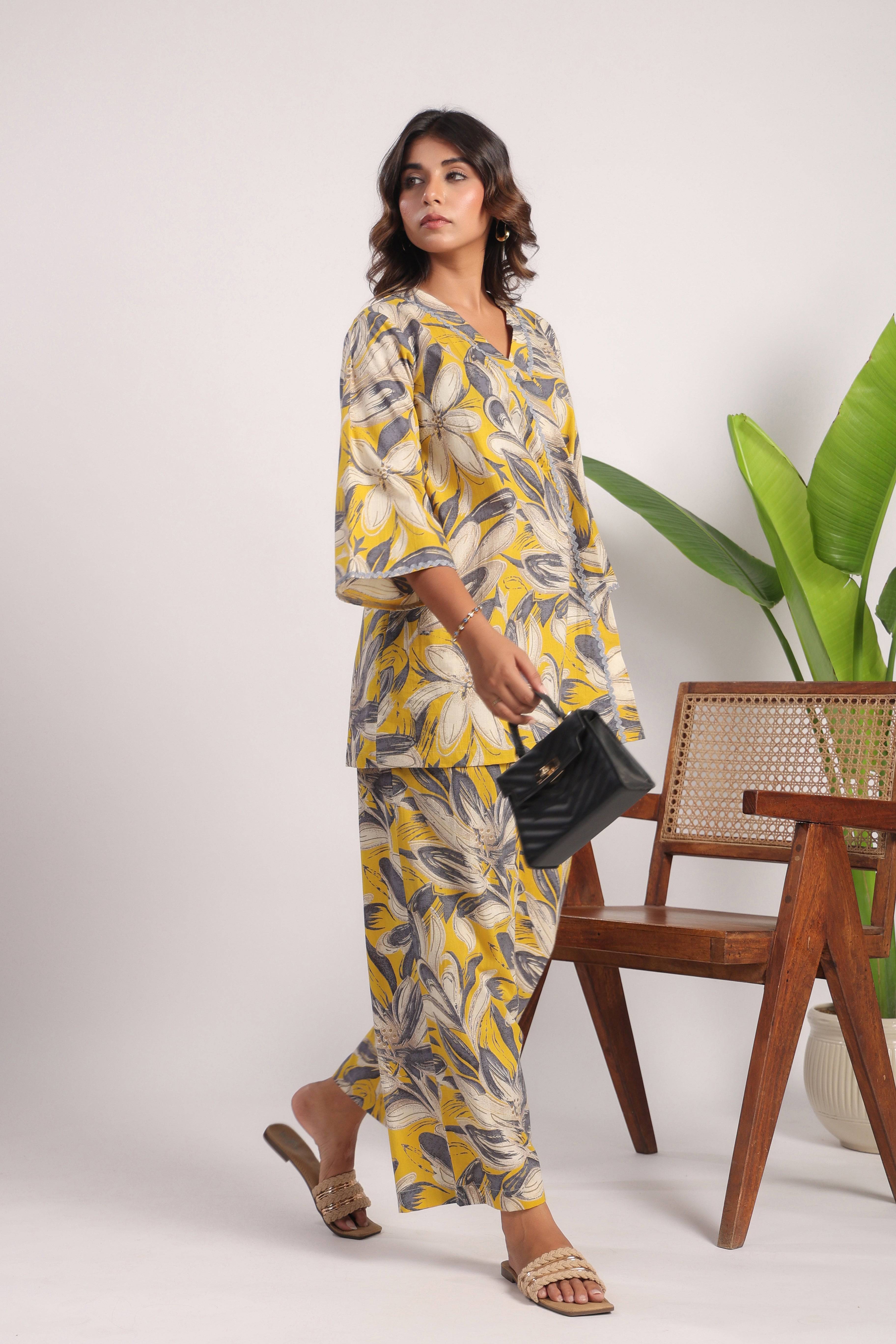 Yellow floral cotton coord set - Visramaa