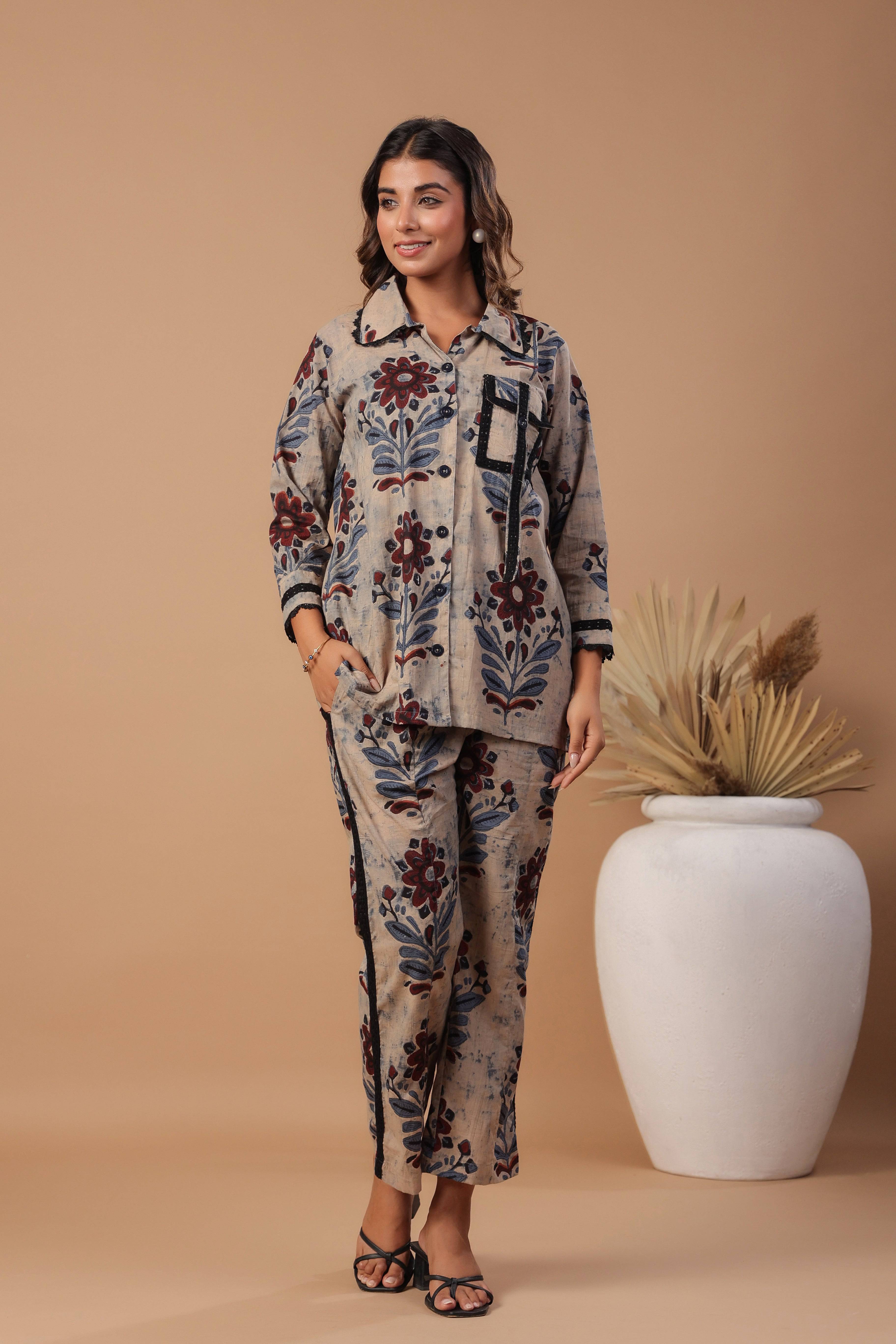 Brown block printed cotton coord set - Visramaa